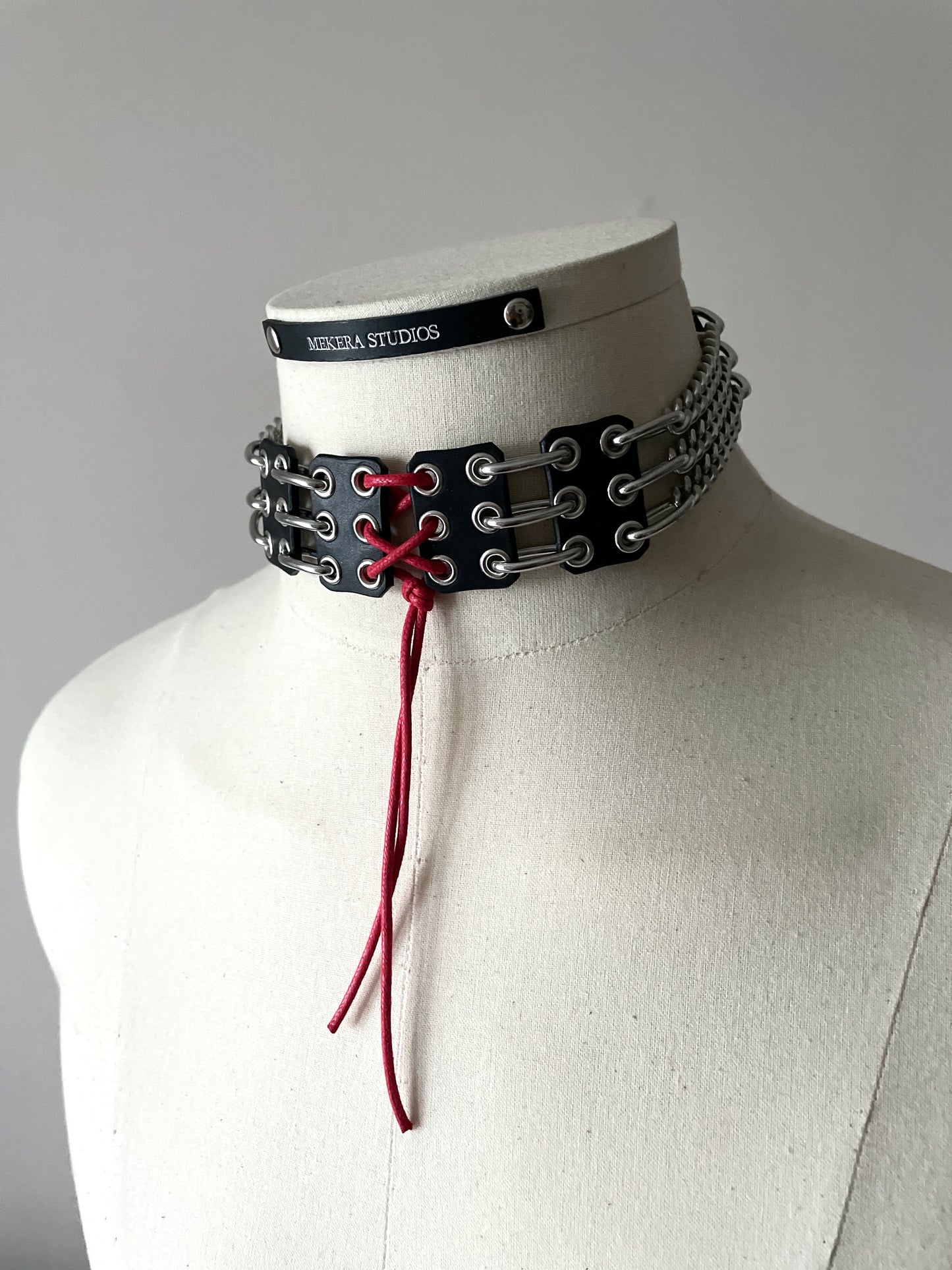 NP4 Red Corset Leather Choker Limited Edition Handcrafted - MEKERA STUDIOS