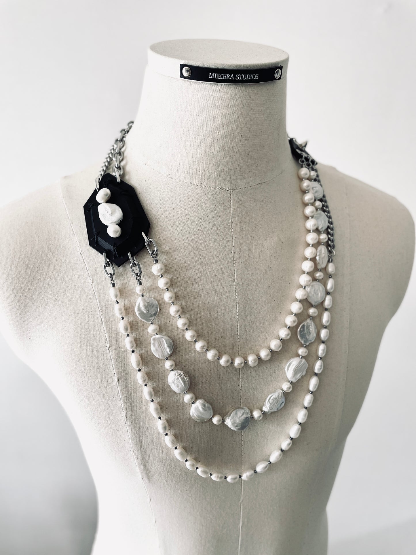 Mekera Cut Leather Stone Pearl 1 - Limited Edition Handcrafted Necklace MEKERA STUDIOS