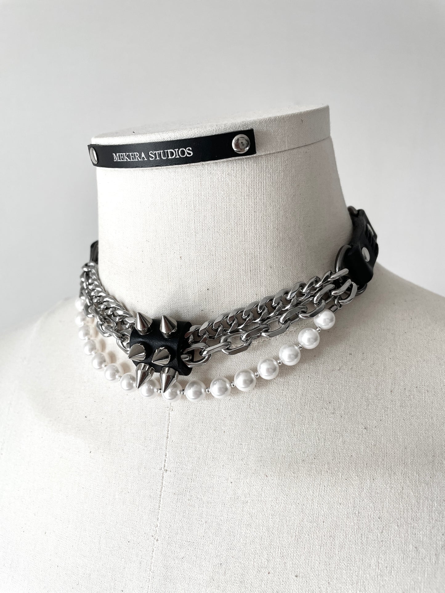 NP2-Pearl Leather Spike Choker Limited Edition Handcrafted - MEKERA STUDIOS