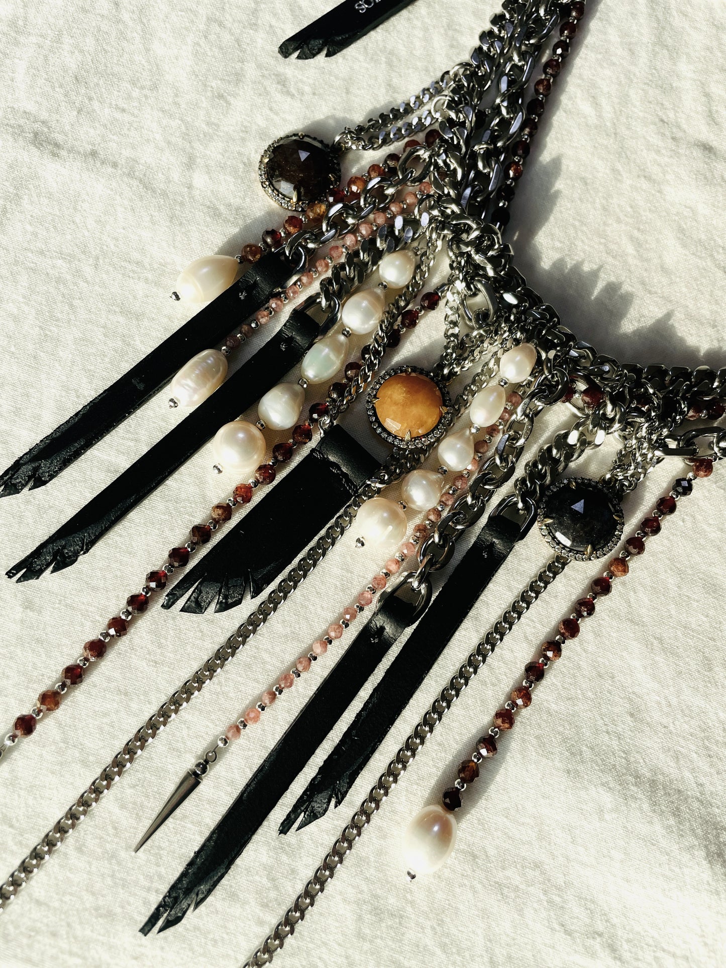 Wings8 - SOAR collection Sapphire Pearl Spike Leather  Necklace Limited Edition Handcrafted - MEKERA STUDIOS