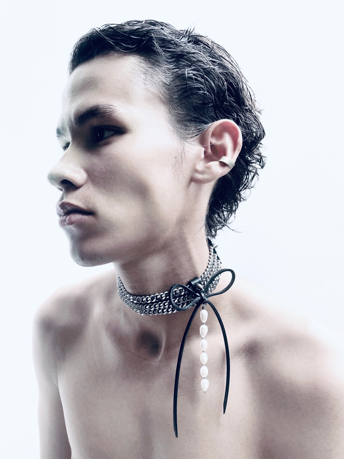 NR2 Leather Ribbon Choker Pearl Spike Limited Edition Handcrafted Necklace For women For men-MEKERA STUDIOS