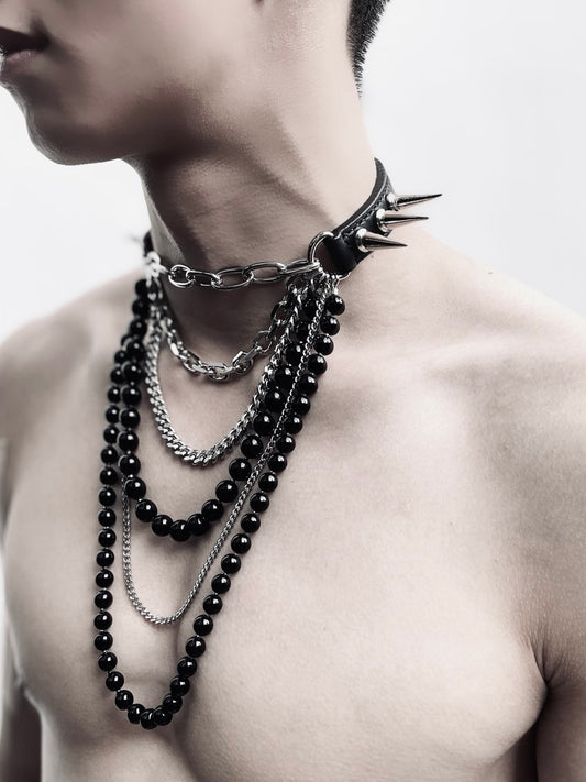 LS6-Spike Limited Edition Choker Onyx Necklace Leather Chain-MEKERA STUDIOS