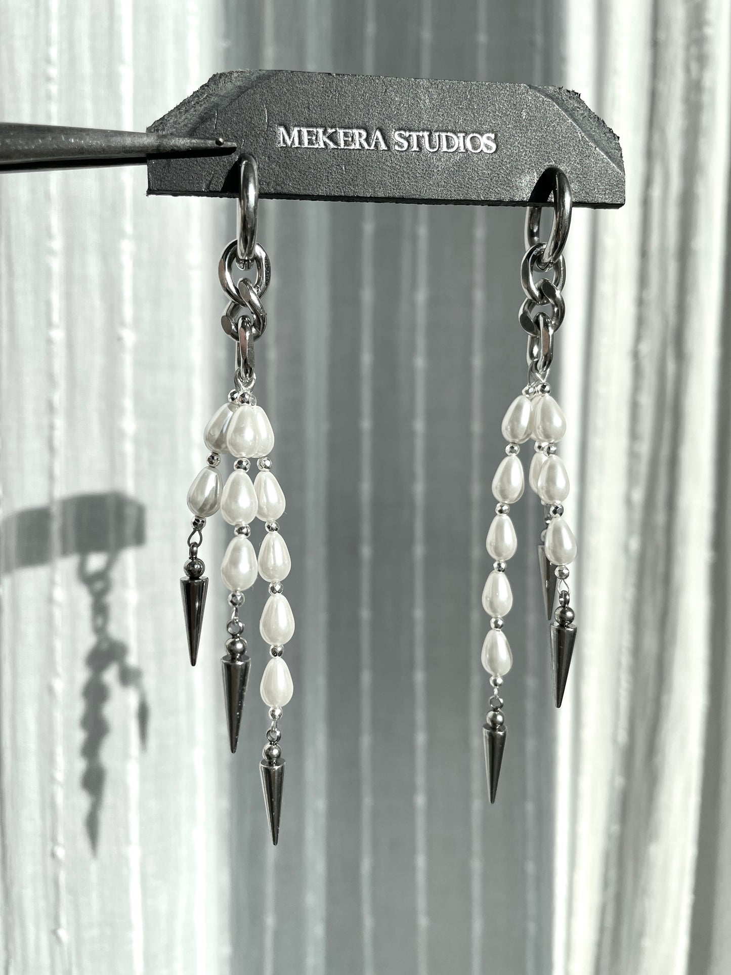 Ear Couture collection Pearl Spike earrings long chain drop EC-9 Limited Edition Handcrafted - MEKERA STUDIOS