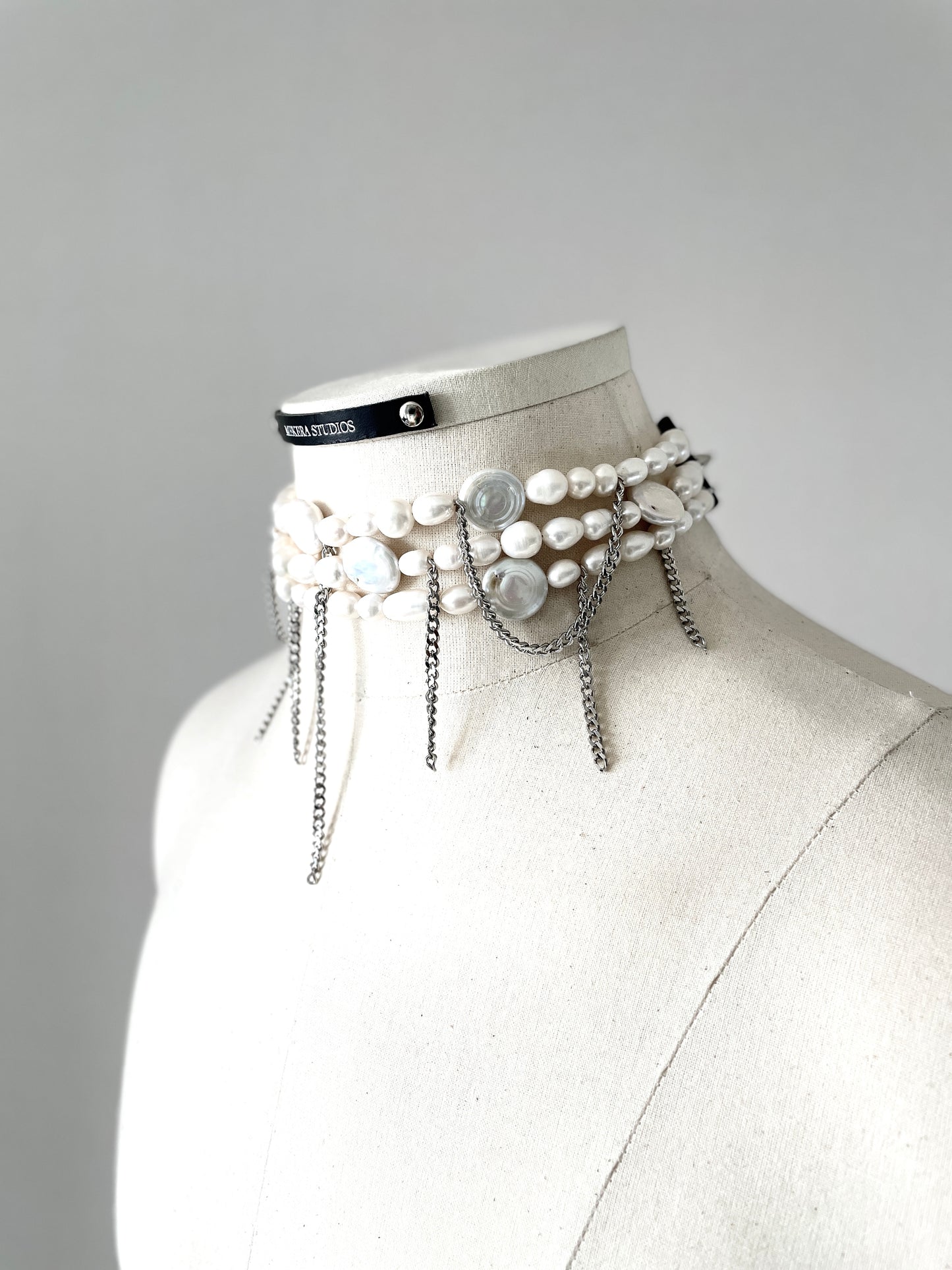 PL2 Pearl & Leather Choker  Limited Edition Handcrafted Necklace Choker Spike -MEKERA STUDIOS