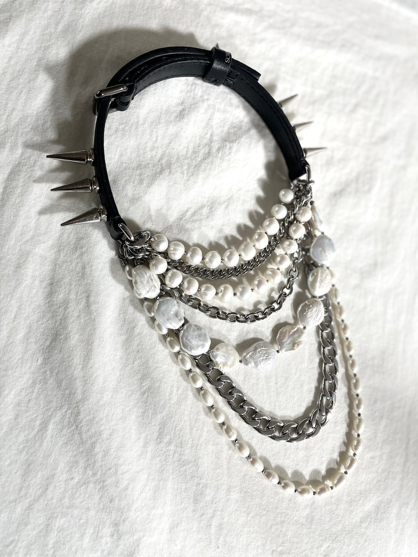 MXP1-Pearl&Spike Limited Edition Handcrafted Leather Choker - MEKERA STUDIOS