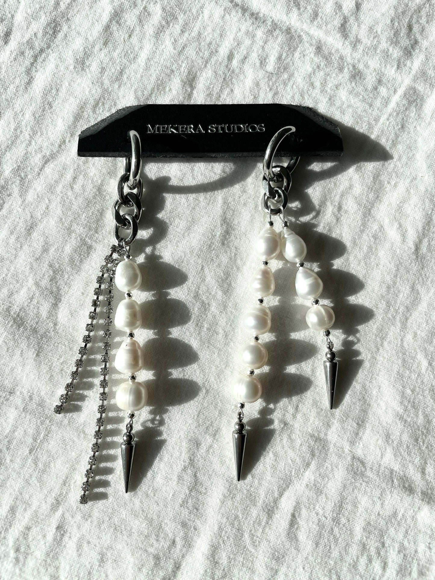 Ear Couture collection Pearl Spike earrings long chain drop EC-8 Limited Edition Handcrafted - MEKERA STUDIOS