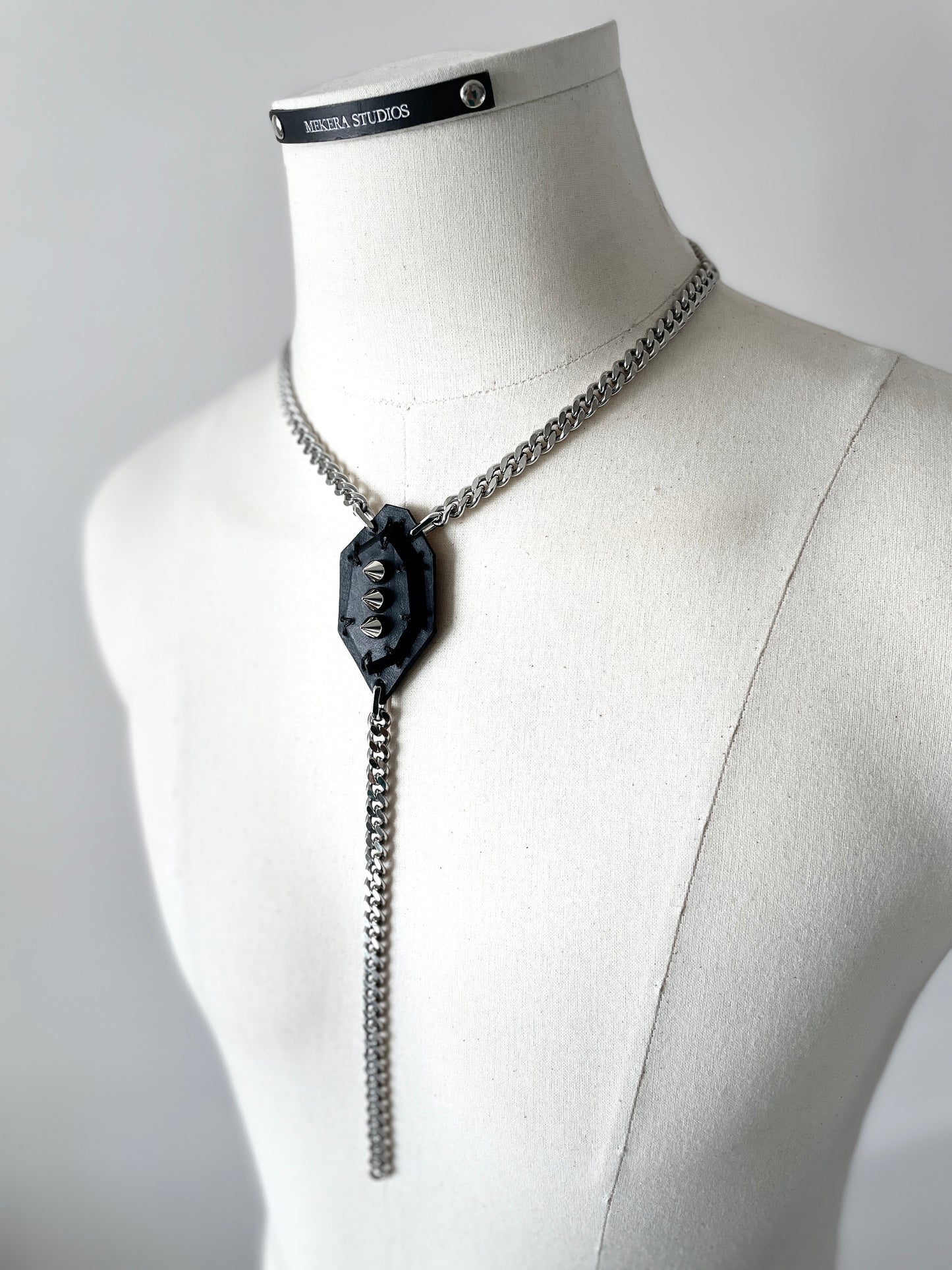 Leather Stone Oval 4 Spike Mekera Cut  Limited Edition Handcrafted Pendent Choker Y-chain necklace MEKERA STUDIOS