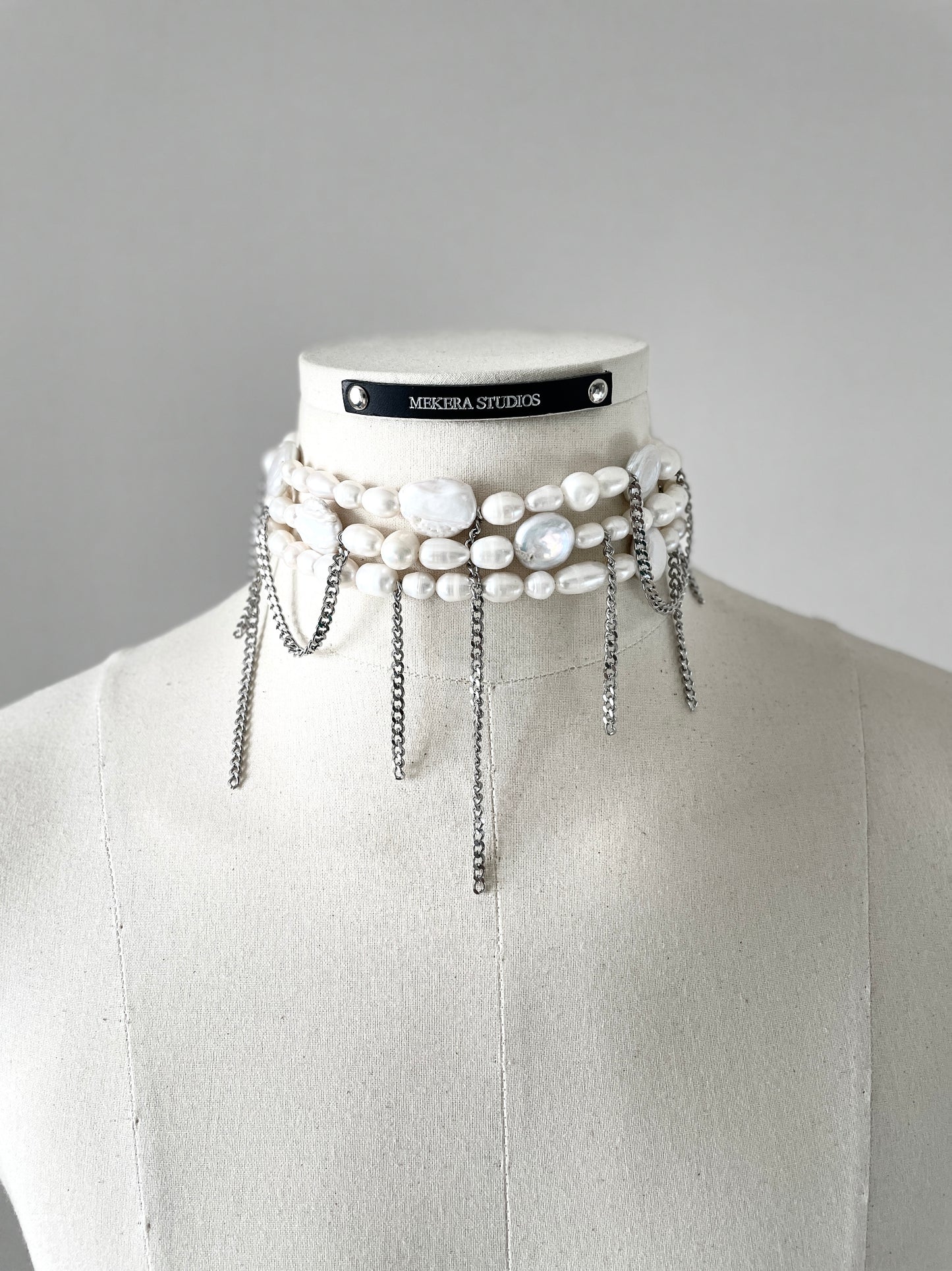 PL2 Pearl & Leather Choker  Limited Edition Handcrafted Necklace Choker Spike -MEKERA STUDIOS