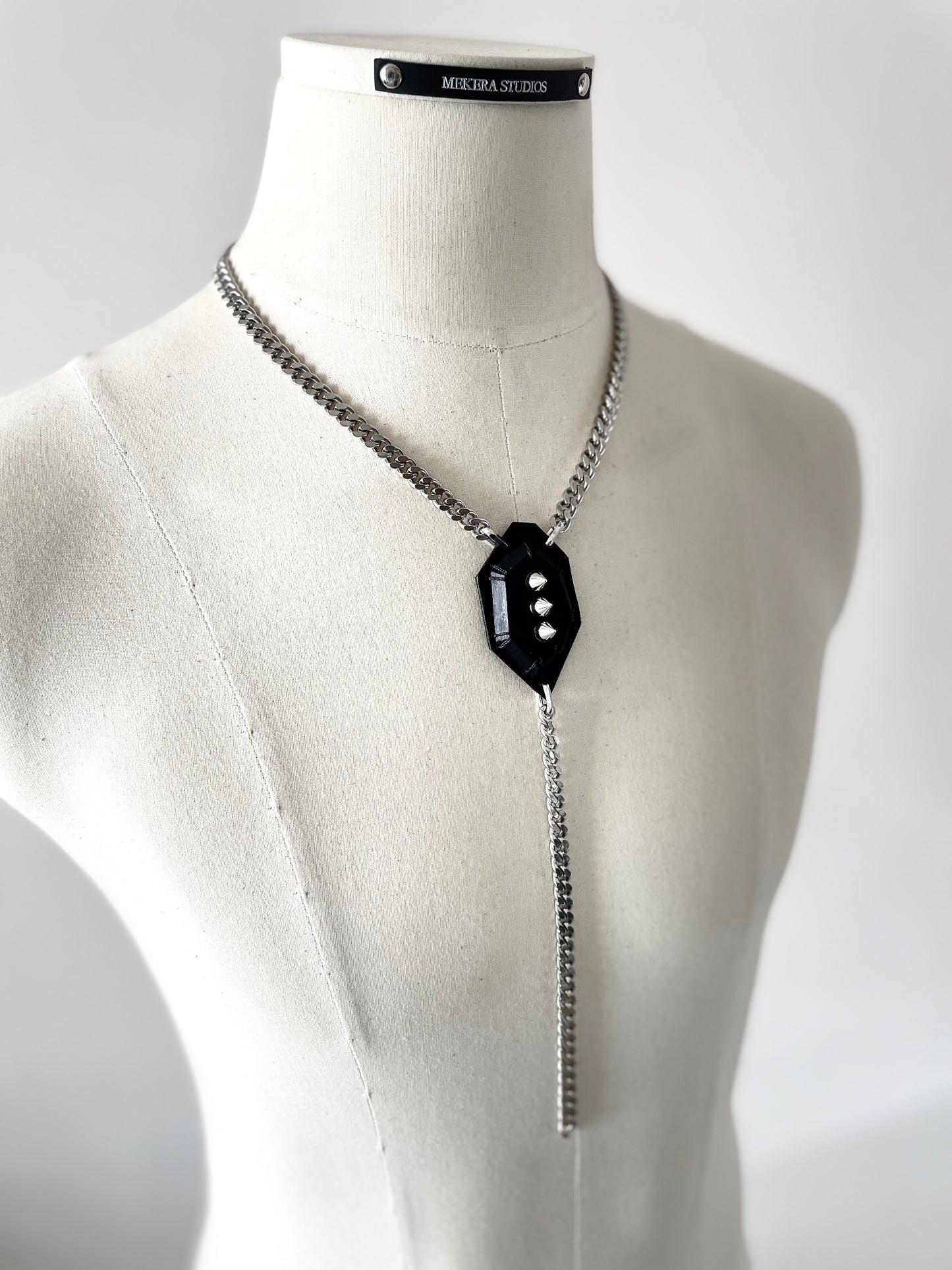 Leather Stone Oval 4 Spike Mekera Cut  Limited Edition Handcrafted Pendent Choker Y-chain necklace MEKERA STUDIOS