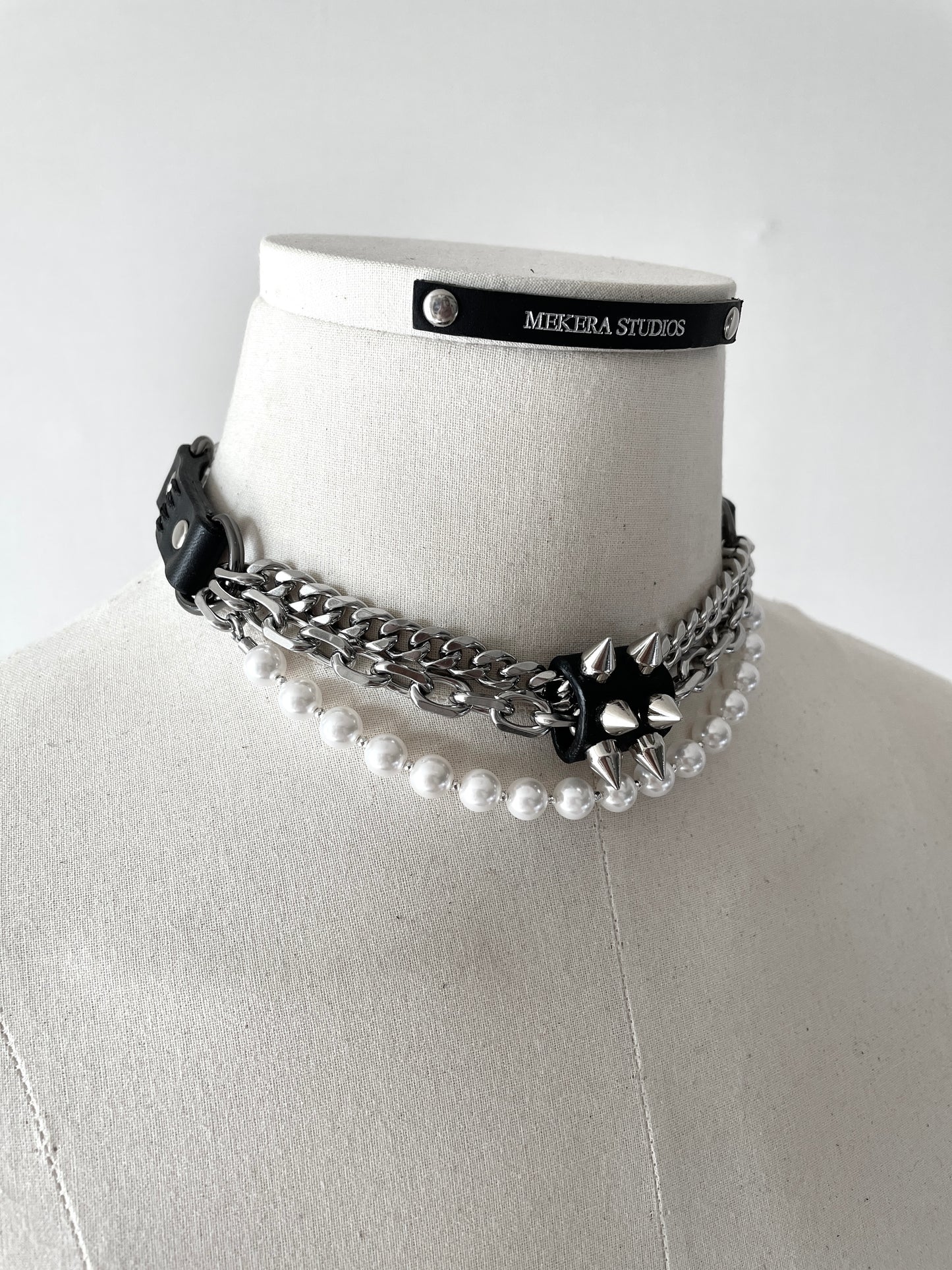 NP2-Pearl Leather Spike Choker Limited Edition Handcrafted - MEKERA STUDIOS