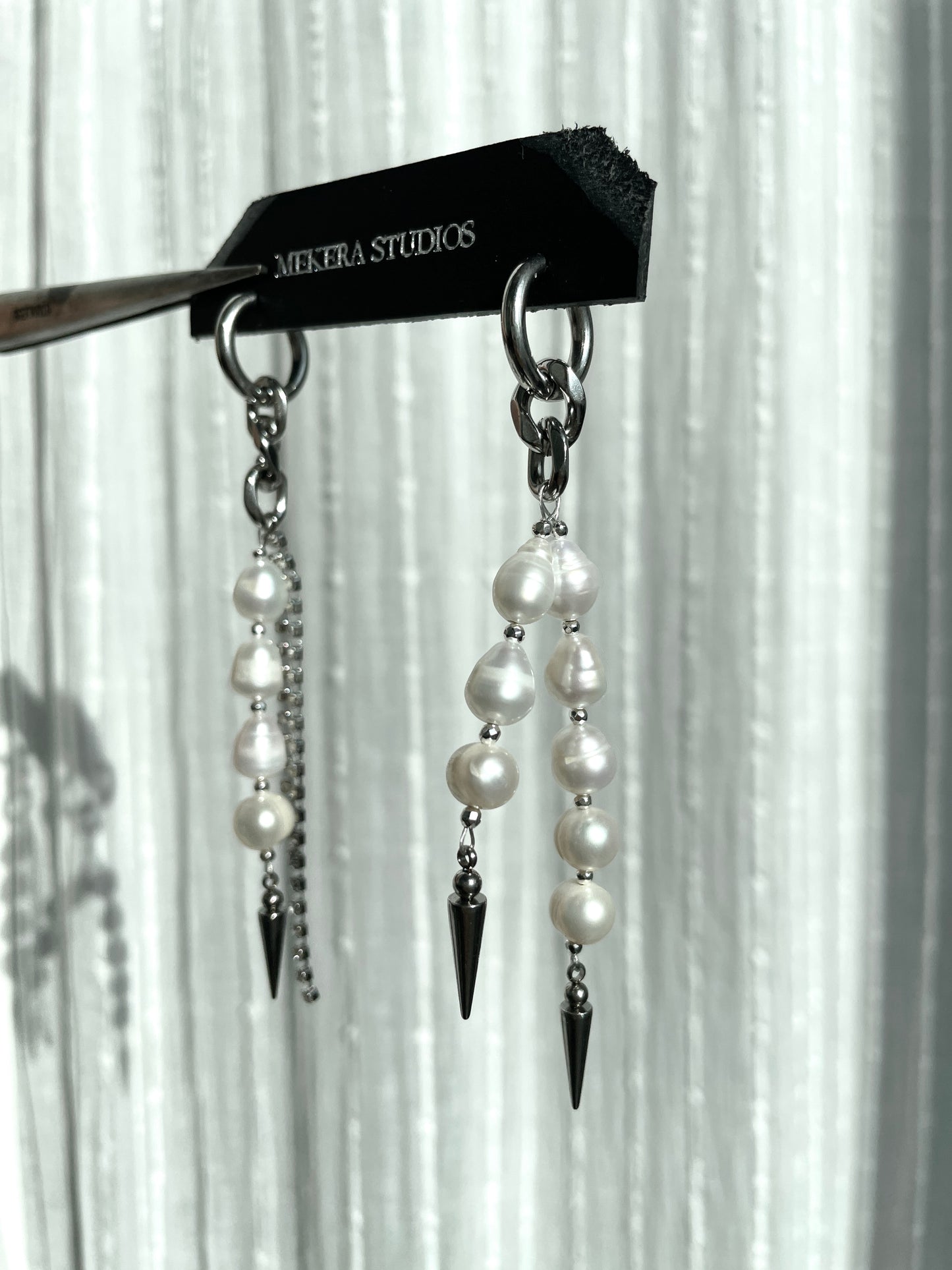 Ear Couture collection Pearl Spike earrings long chain drop EC-8 Limited Edition Handcrafted - MEKERA STUDIOS