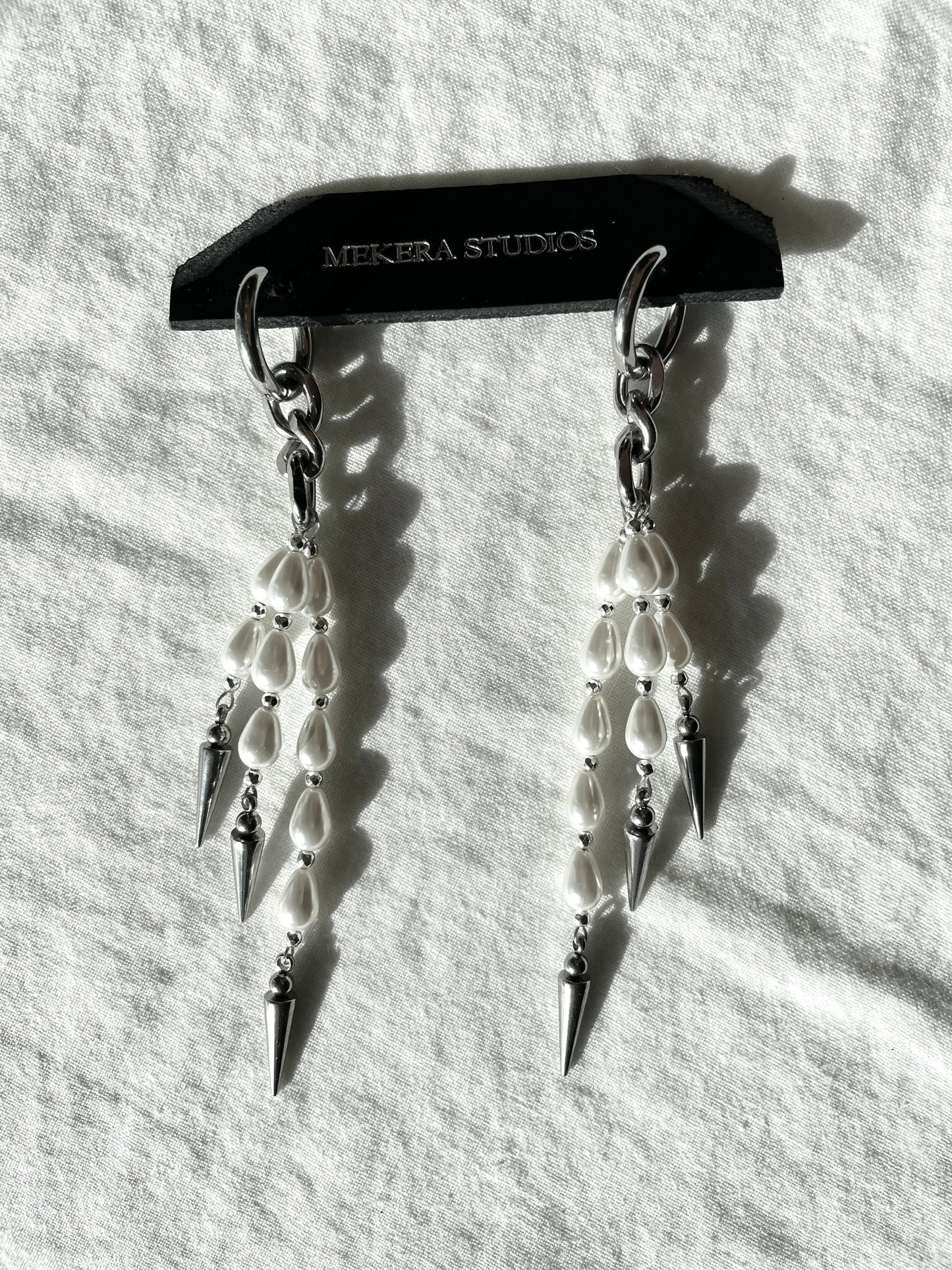 Ear Couture collection Pearl Spike earrings long chain drop EC-9 Limited Edition Handcrafted - MEKERA STUDIOS