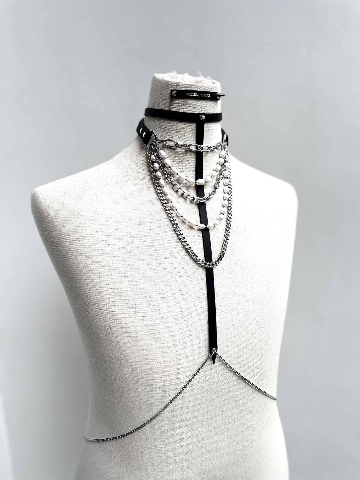 T4-Body Chain Choker Limited Edition Handcrafted Spike Leather-MEKERA STUDIOS