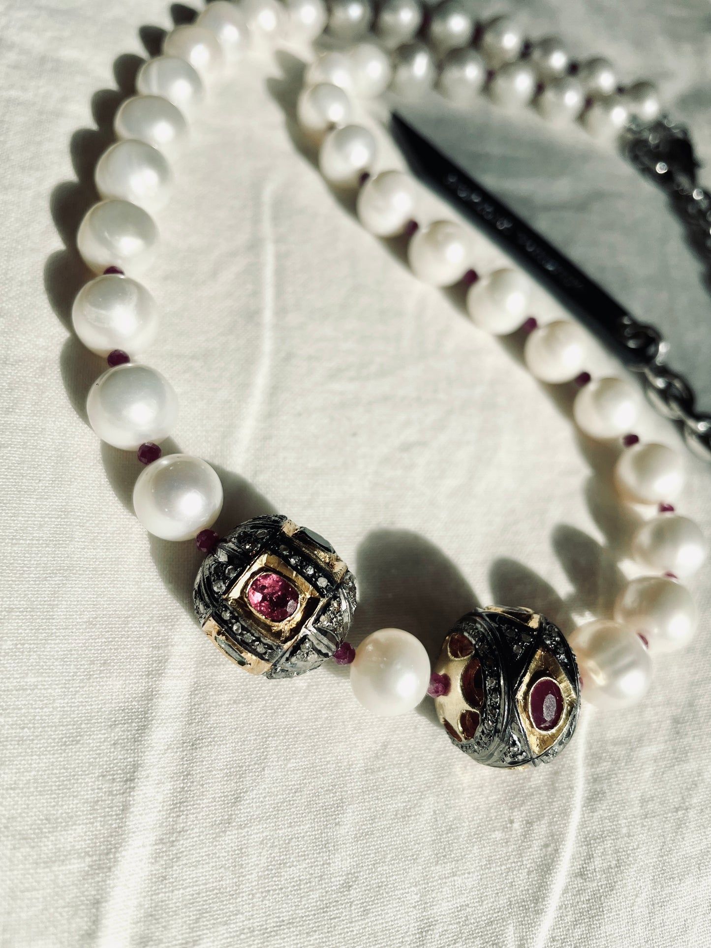 XN-2 Ruby Tourmaline Pearl Diamond Necklace Long chain Limited Edition  Handcrafted Choker-MEKERA STUDIOS