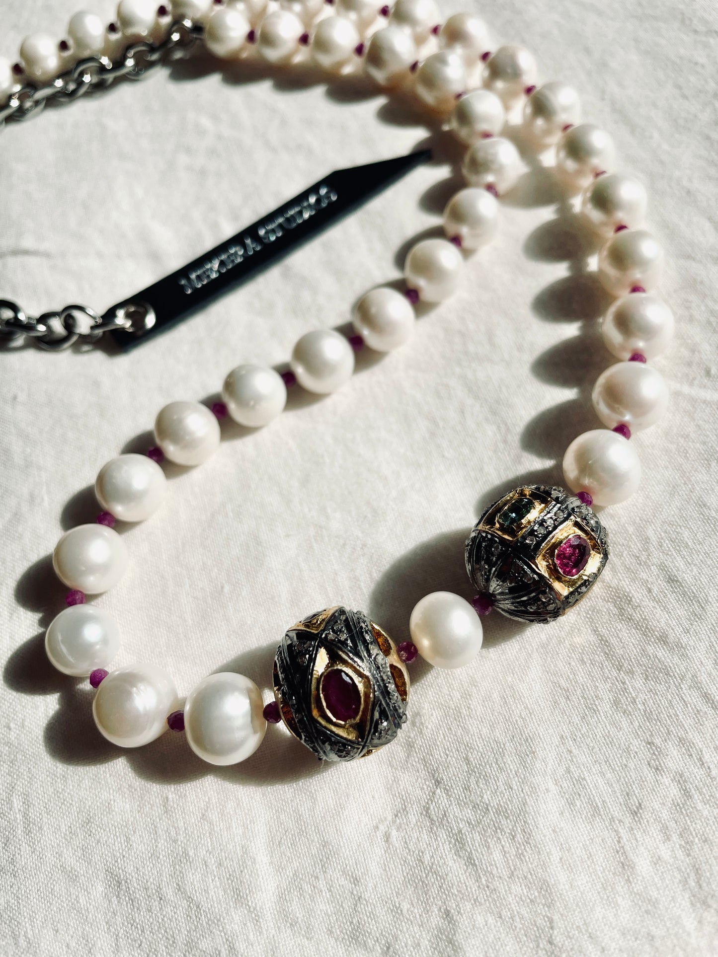 XN-2 Ruby Tourmaline Pearl Diamond Necklace Long chain Limited Edition  Handcrafted Choker-MEKERA STUDIOS