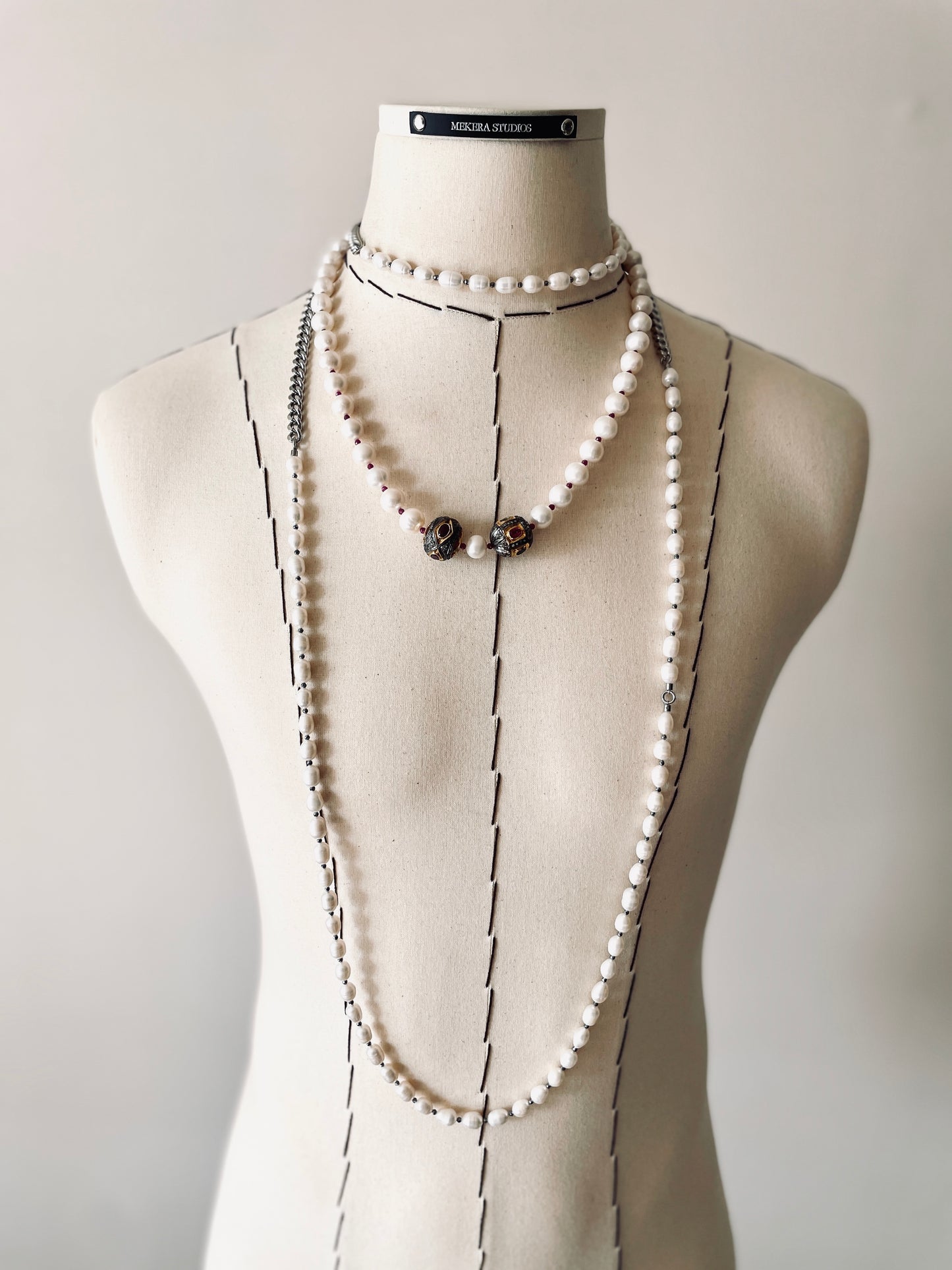 XN-2 Ruby Tourmaline Pearl Diamond Necklace Long chain Limited Edition  Handcrafted Choker-MEKERA STUDIOS