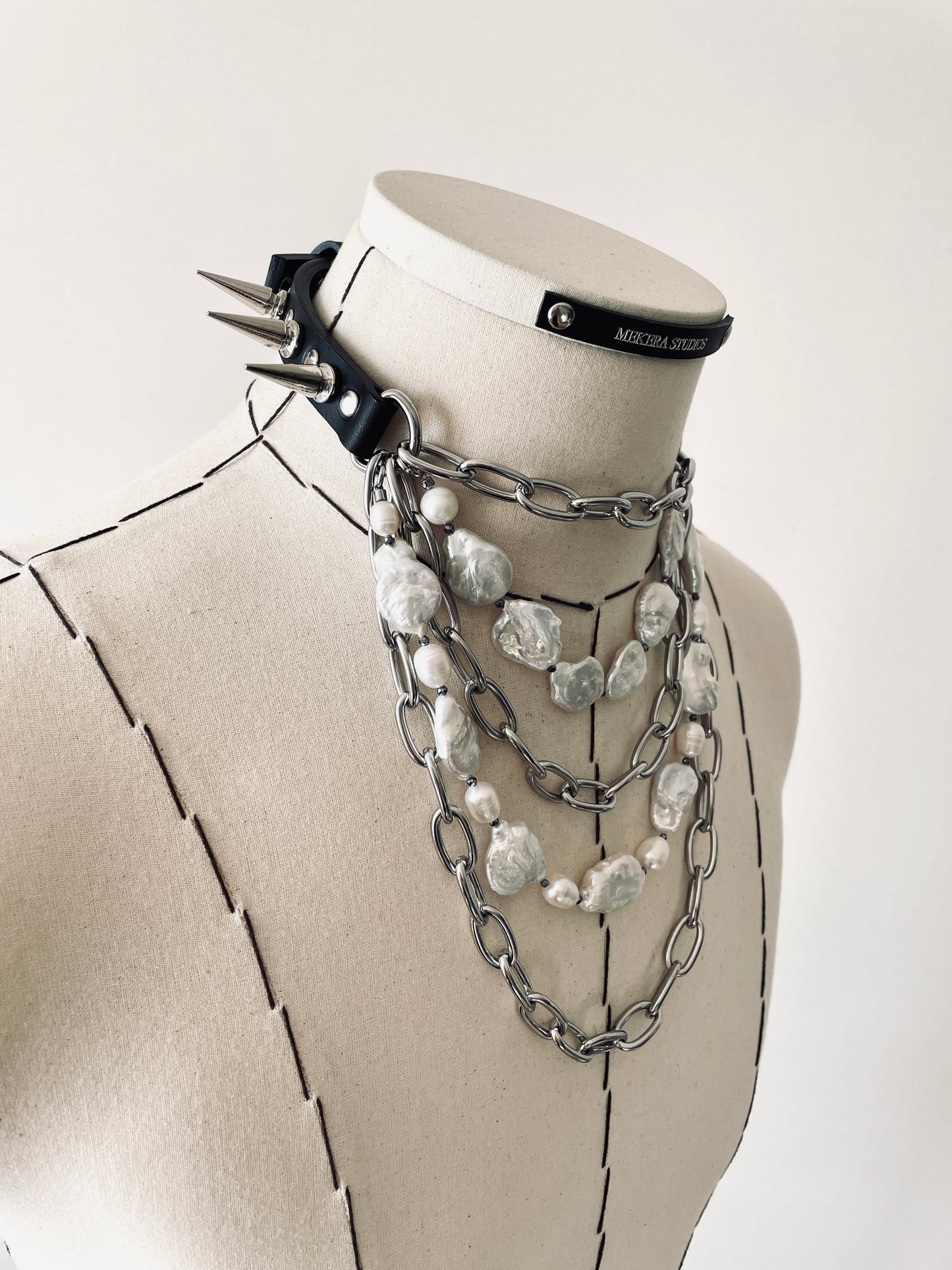 CXP1 Limited Edition Handcrafted Pearl Spike Leather Choker Necklace Chain - MEKERA STUDIOS