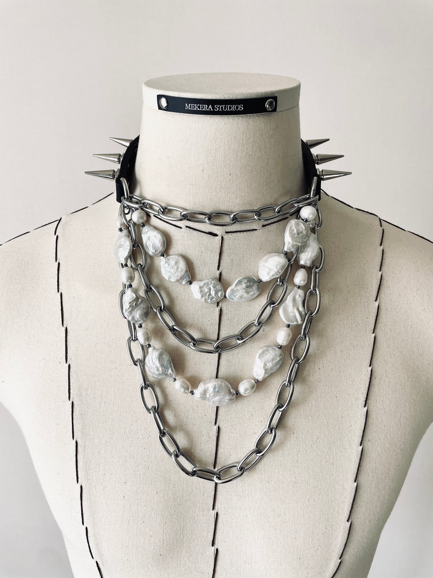 CXP1 Limited Edition Handcrafted Pearl Spike Leather Choker Necklace Chain - MEKERA STUDIOS