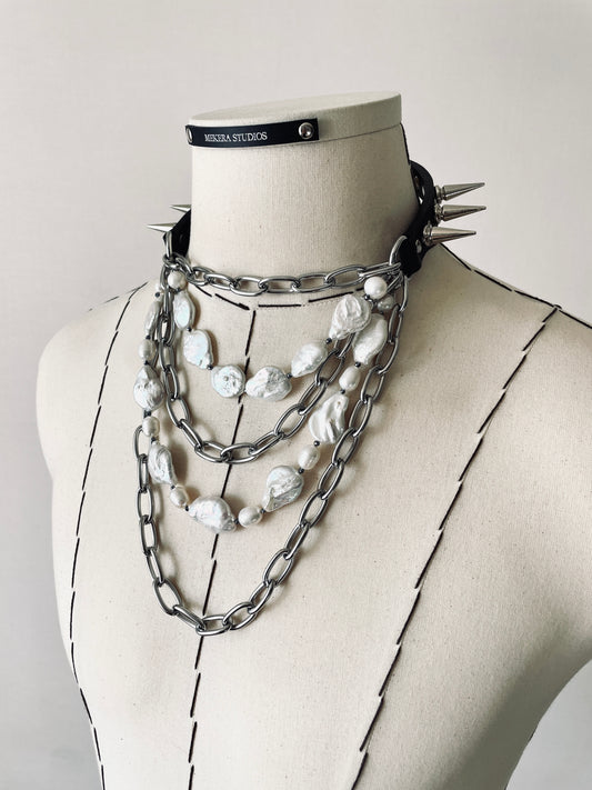 CXP1 Limited Edition Handcrafted Pearl Spike Leather Choker Necklace Chain - MEKERA STUDIOS