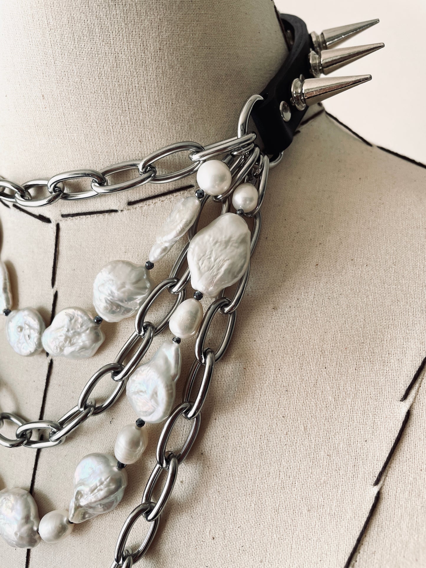 CXP1 Limited Edition Handcrafted Pearl Spike Leather Choker Necklace Chain - MEKERA STUDIOS