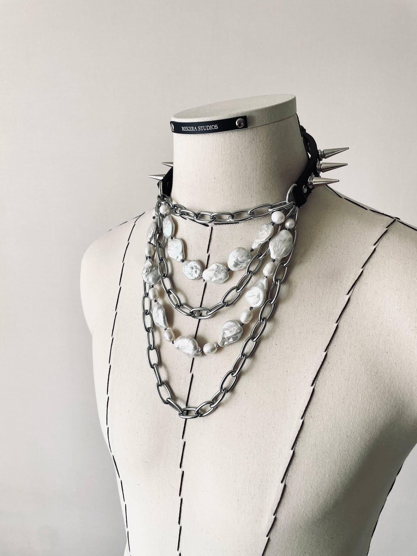 CXP1 Limited Edition Handcrafted Pearl Spike Leather Choker Necklace Chain - MEKERA STUDIOS