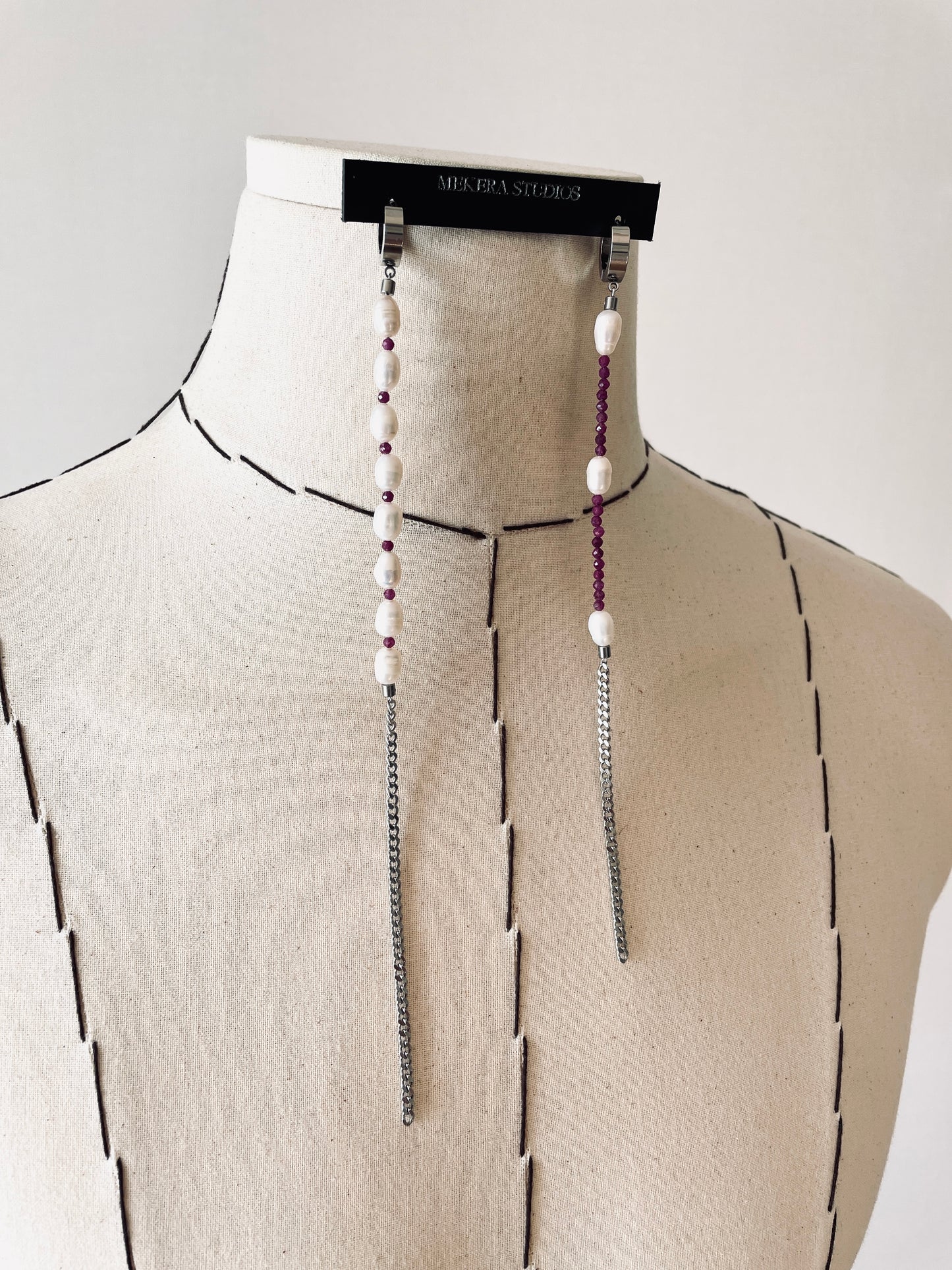 ES3 - The Y collection Pearl Ruby Earrings Long chain The Y collection Limited Edition Handcrafted bodychain - MEKERA STUDIOS