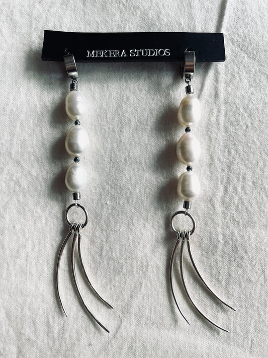 ES5-Pearl Silver 925 Earrings Long chain The Y collection Limited Edition Handcrafted - MEKERA STUDIOS