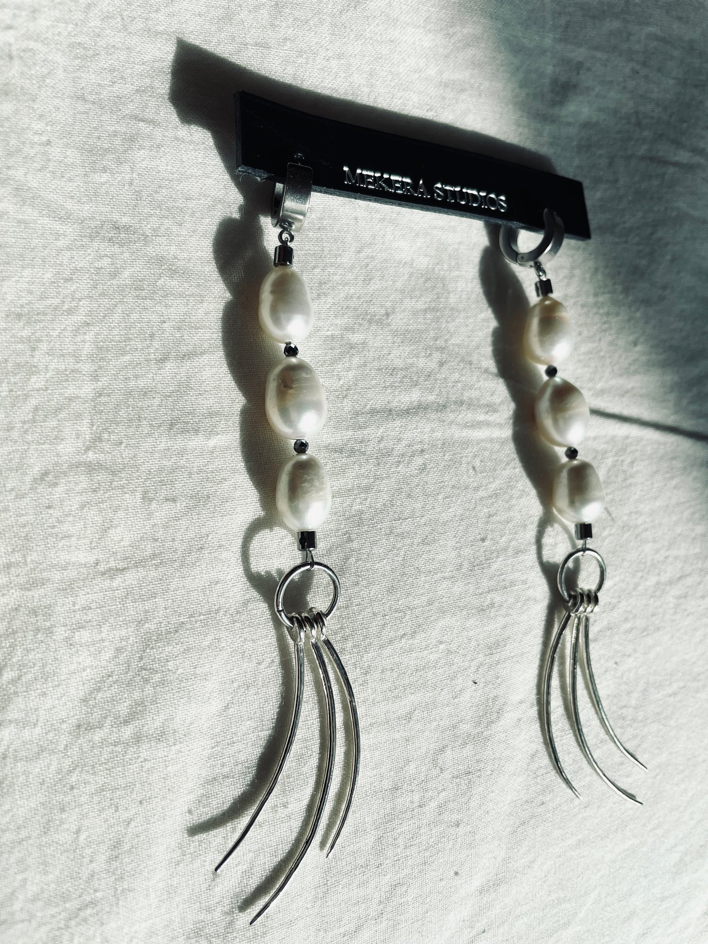 ES5-Pearl Silver 925 Earrings Long chain The Y collection Limited Edition Handcrafted - MEKERA STUDIOS