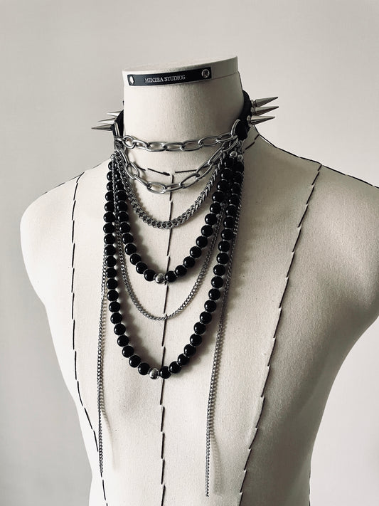 LS5-Spike Choker Onyx Limited Edition Handcrafted  Necklace Leather Chain-MEKERA STUDIOS