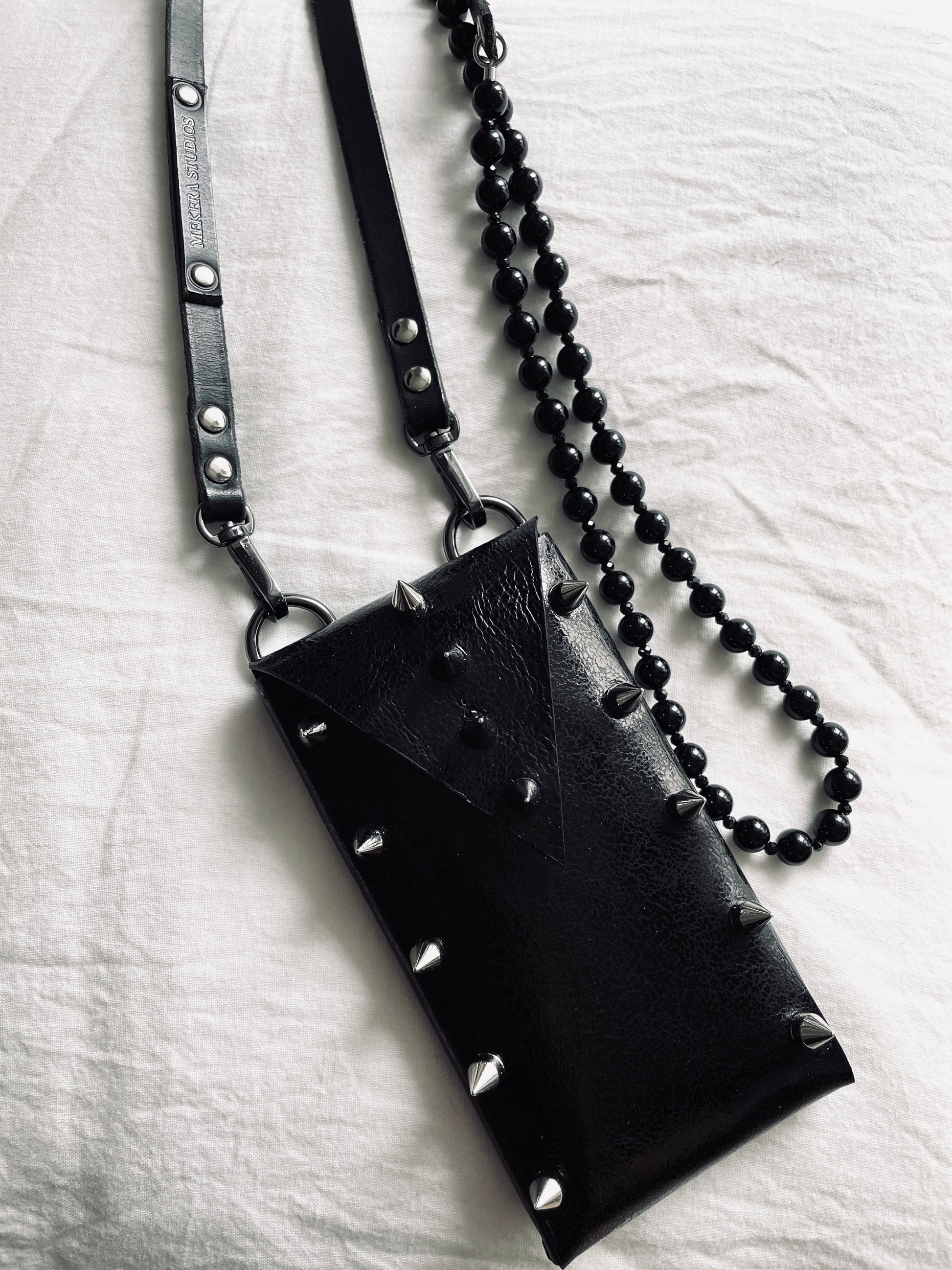 black mini spike backpack Leather Mini Spike Bag Black F4 iphone Mini Limited Edition Handcrafte – MEKERA STUDIOS