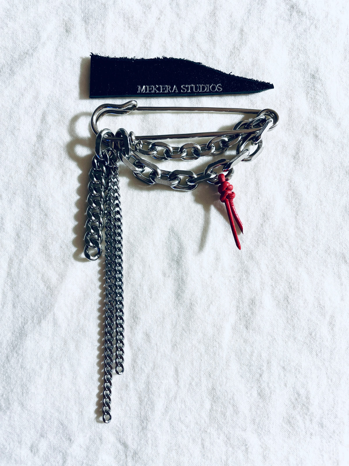 Red Leather Knot Chain Safety Pin Brooch NB-1 - limited edition by artisans