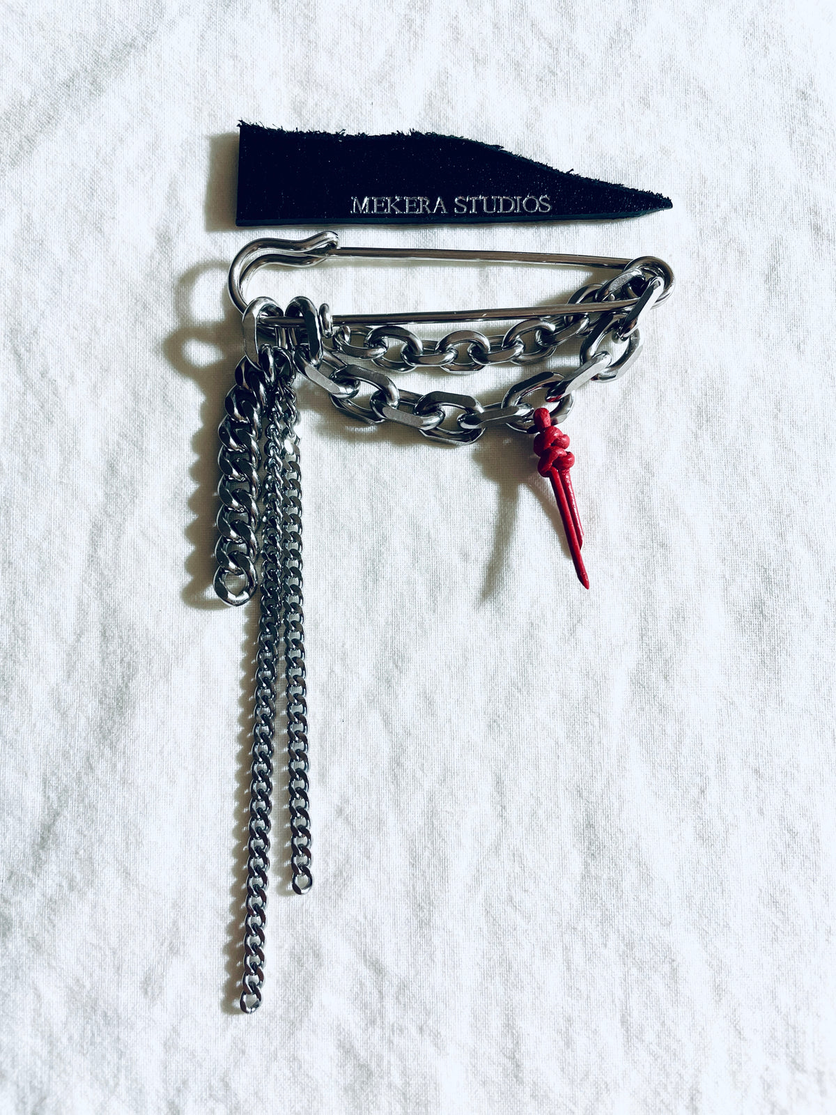 Red Leather Knot Chain Safety Pin Brooch NB-1 - limited edition by artisans