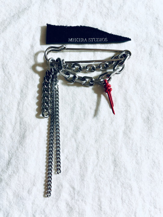 Red Leather Knot Chain Safety Pin Brooch NB-1 - limited edition by artisans