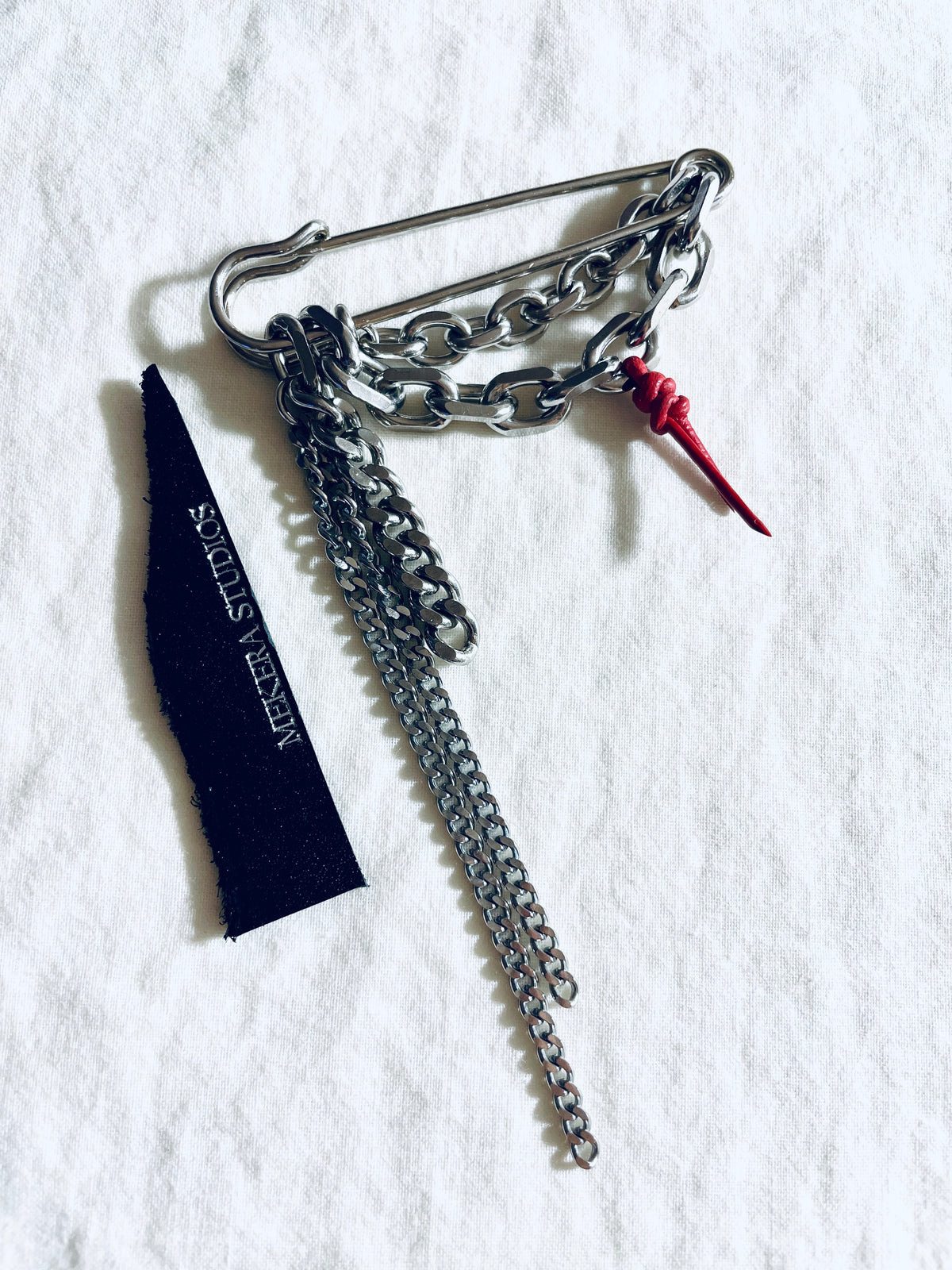 Red Leather Knot Chain Safety Pin Brooch NB-1 - limited edition by artisans