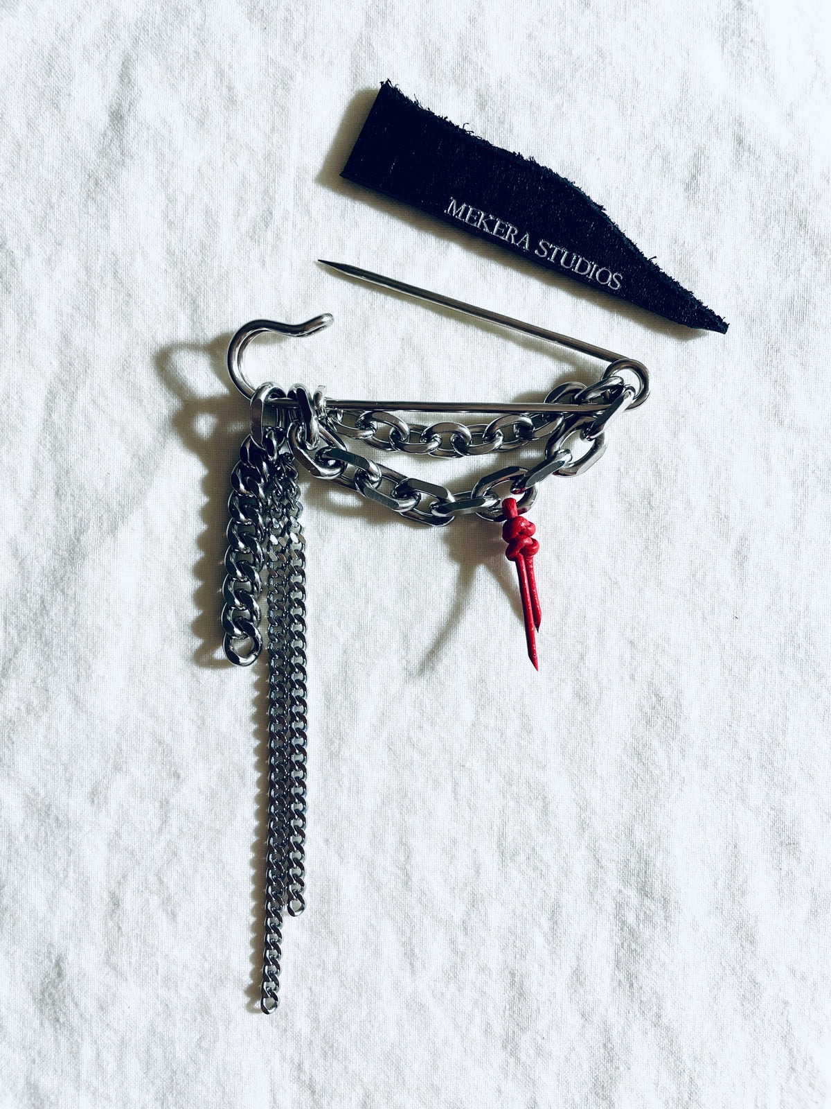 Red Leather Knot Chain Safety Pin Brooch NB-1 - limited edition by artisans