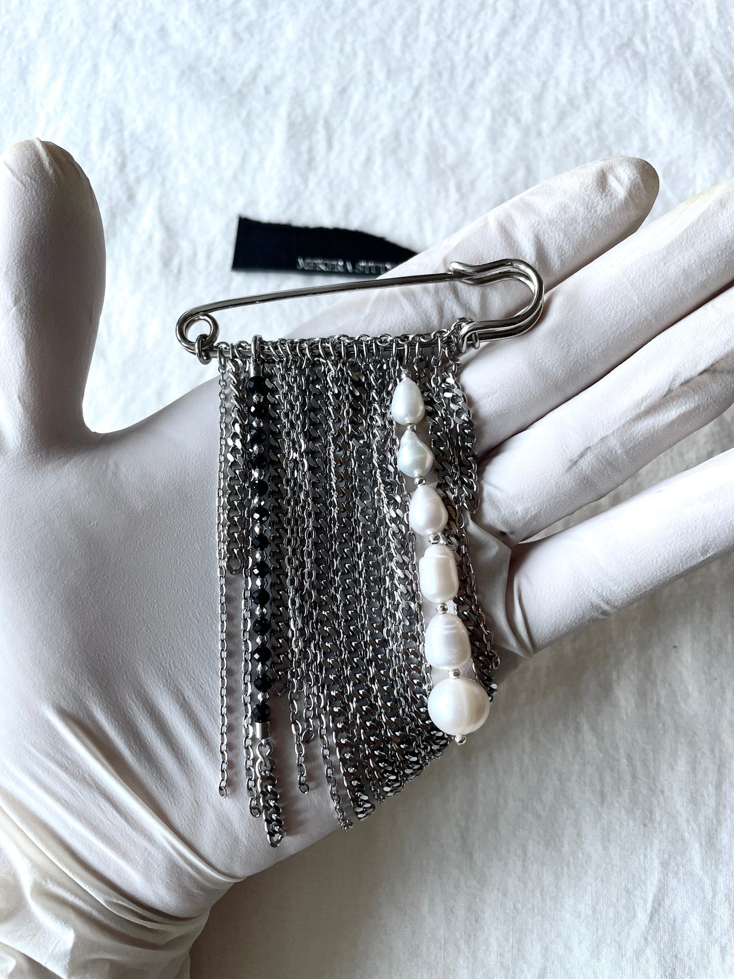 Handcrafted Pearl Chain Brooch Safety Pin / B-8, limited edition by artisans
