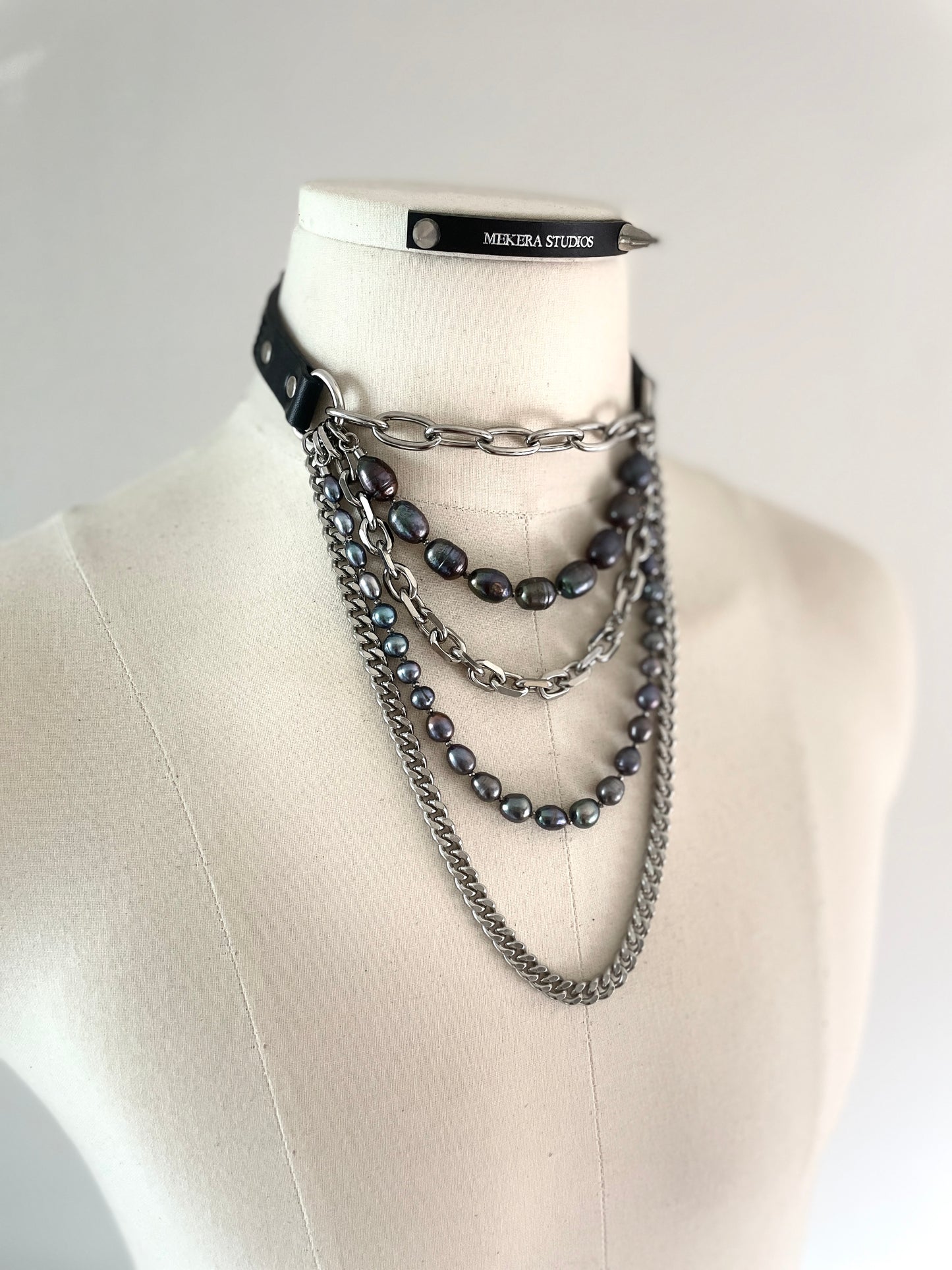 LXXP1 Pearl Leather Choker Limited Edition Handcrafted - MEKERA STUDIOS