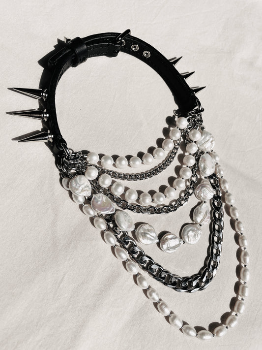 MXP1-Pearl&Spike Limited Edition Handcrafted Leather Choker - MEKERA STUDIOS