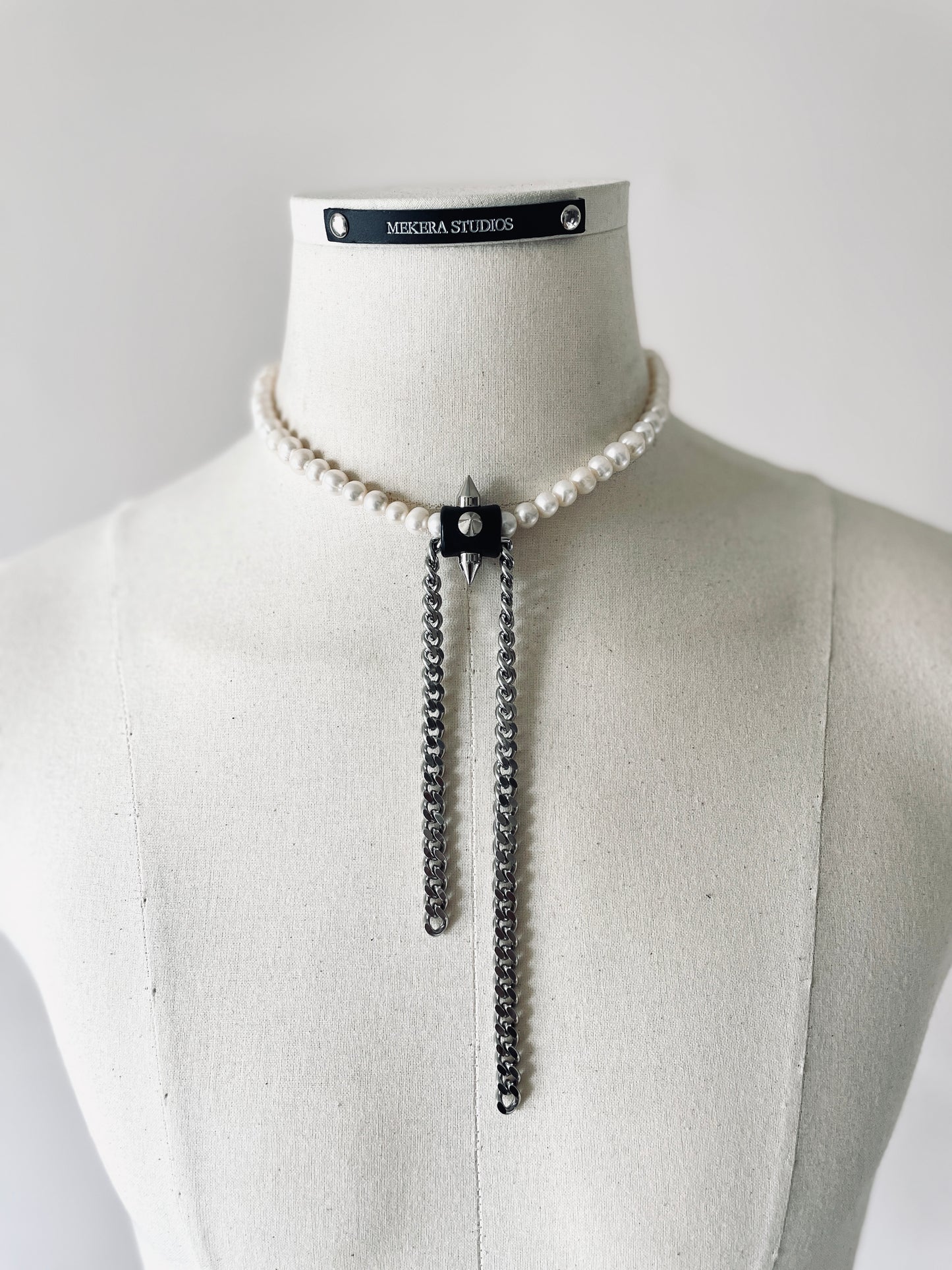 SX2 Pearl Limited Edition Handcrafted Choker Spike Necklace Leather - MEKERA STUDIOS