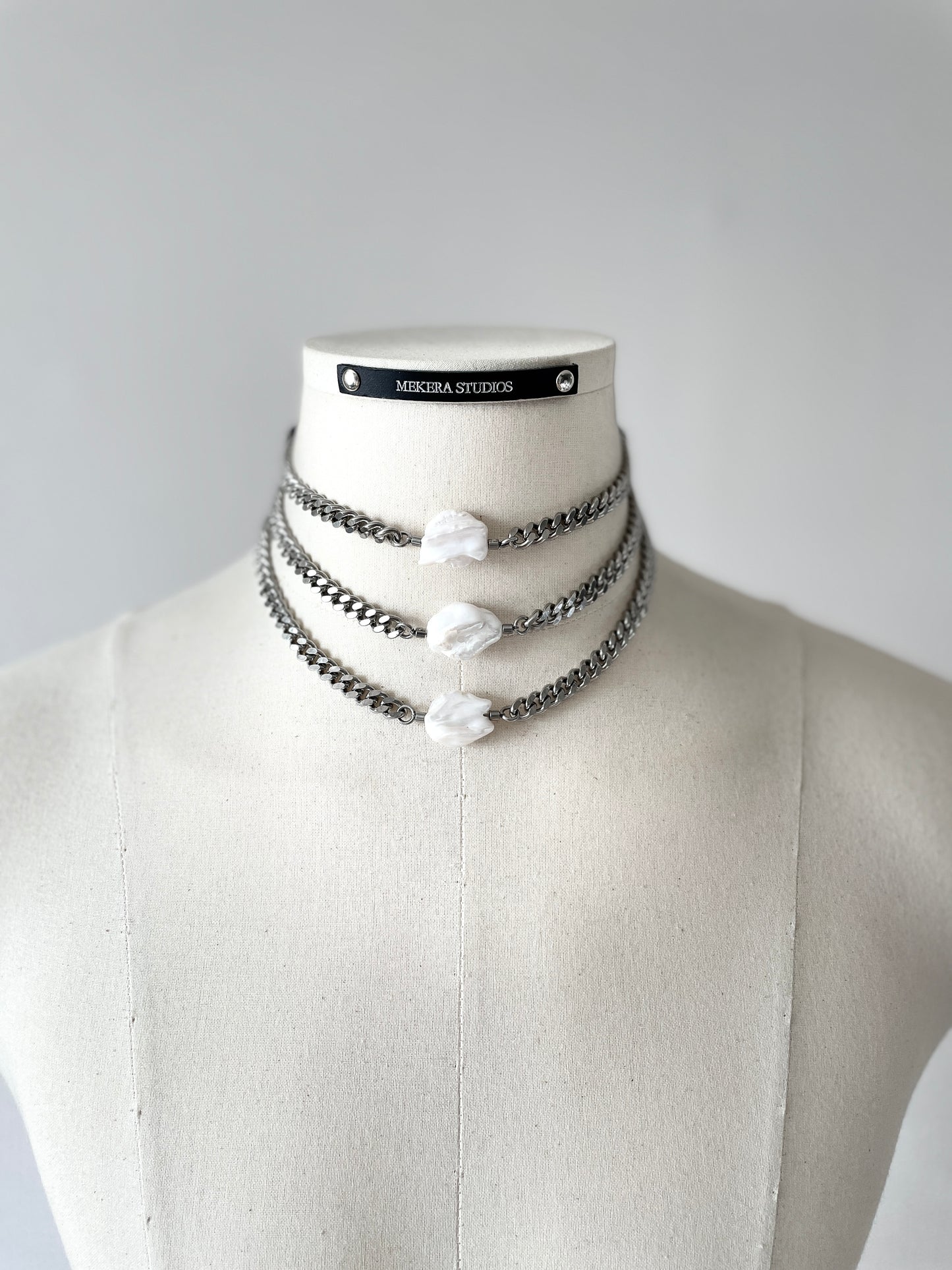 PL1 Pearl & Leather Choker Limited Edition Handcrafted Necklace Choker Spike - MEKERA STUDIOS