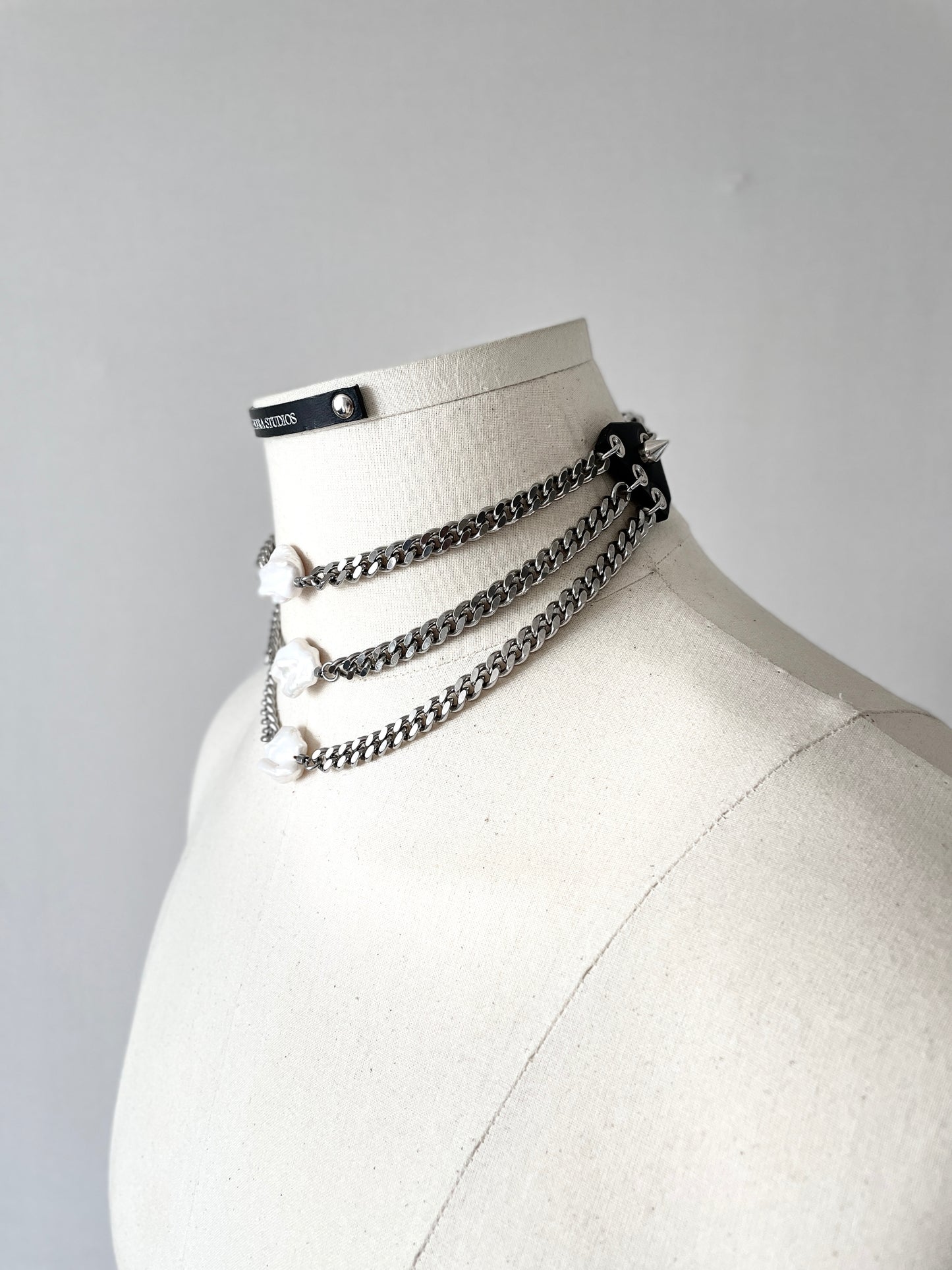 PL1 Pearl & Leather Choker Limited Edition Handcrafted Necklace Choker Spike - MEKERA STUDIOS