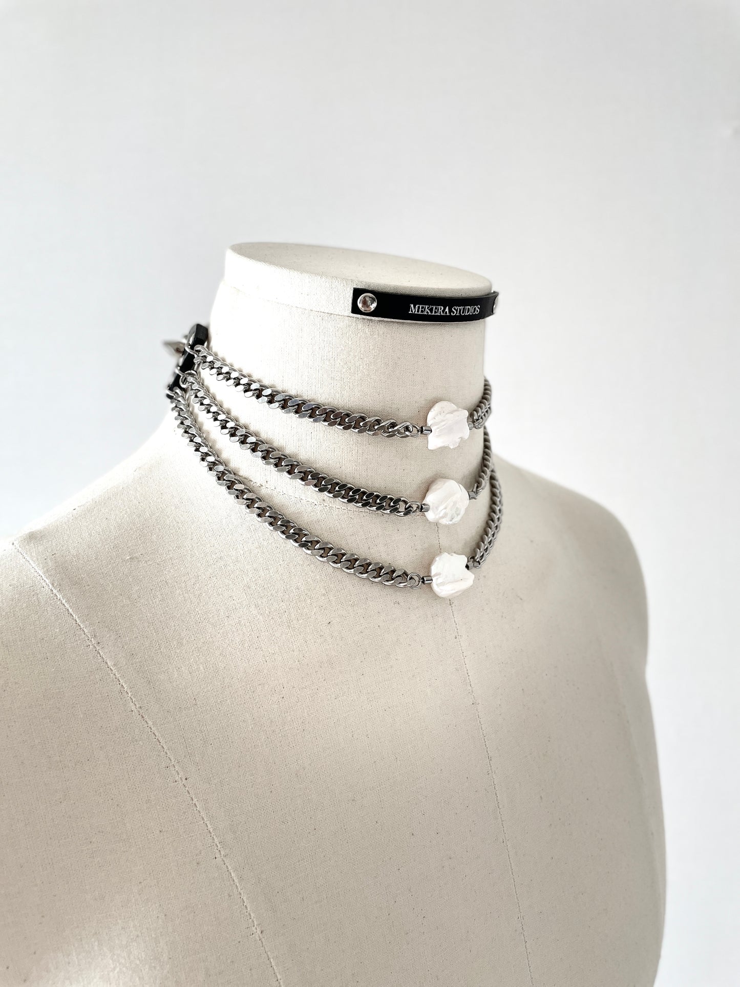 PL1 Pearl & Leather Choker Limited Edition Handcrafted Necklace Choker Spike - MEKERA STUDIOS