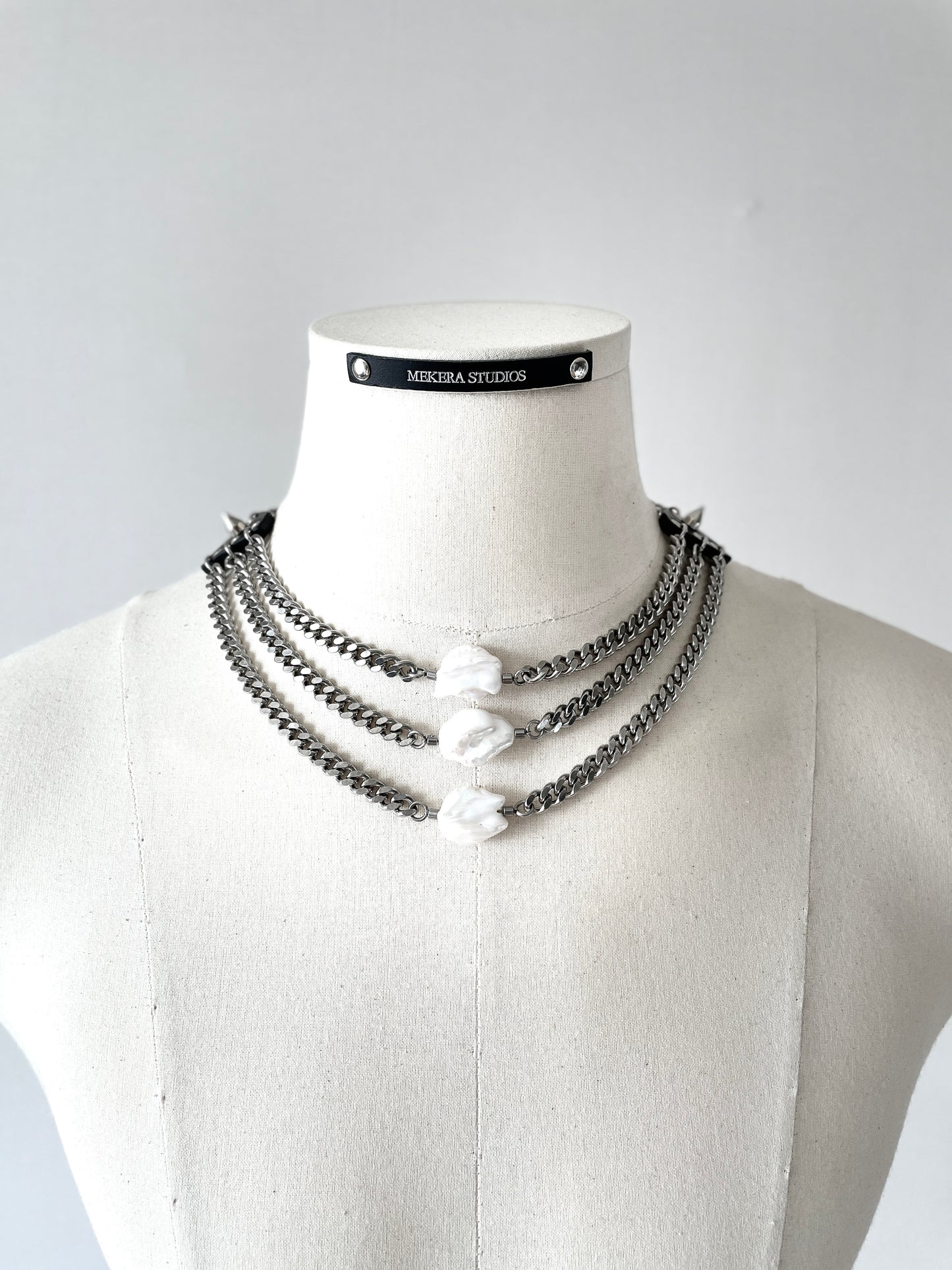 PL1 Pearl & Leather Choker Limited Edition Handcrafted Necklace Choker Spike - MEKERA STUDIOS