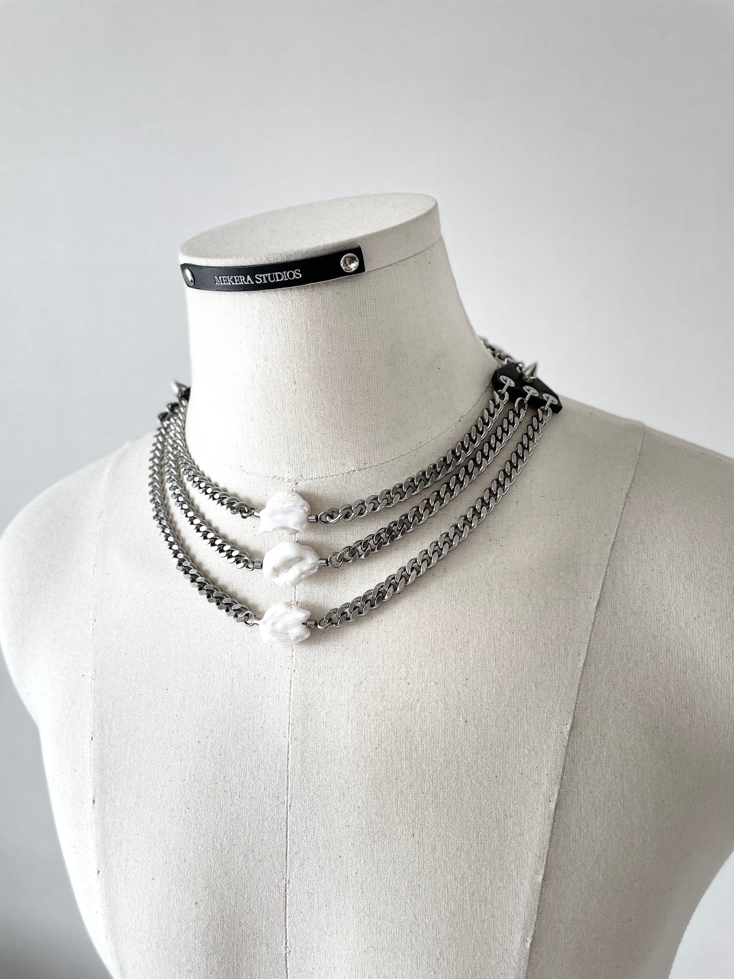 PL1 Pearl & Leather Choker Limited Edition Handcrafted Necklace Choker Spike - MEKERA STUDIOS