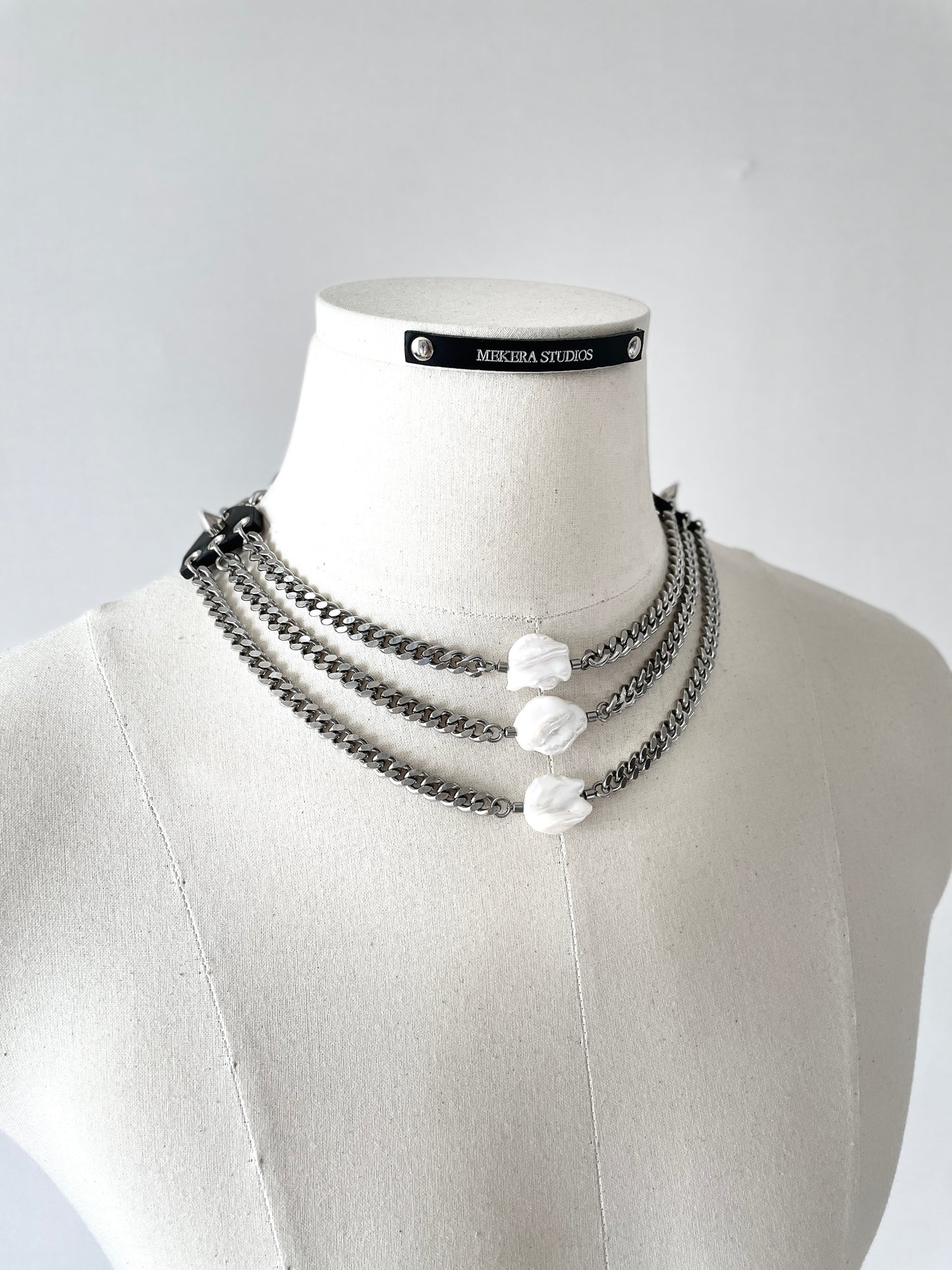 PL1 Pearl & Leather Choker Limited Edition Handcrafted Necklace Choker Spike - MEKERA STUDIOS