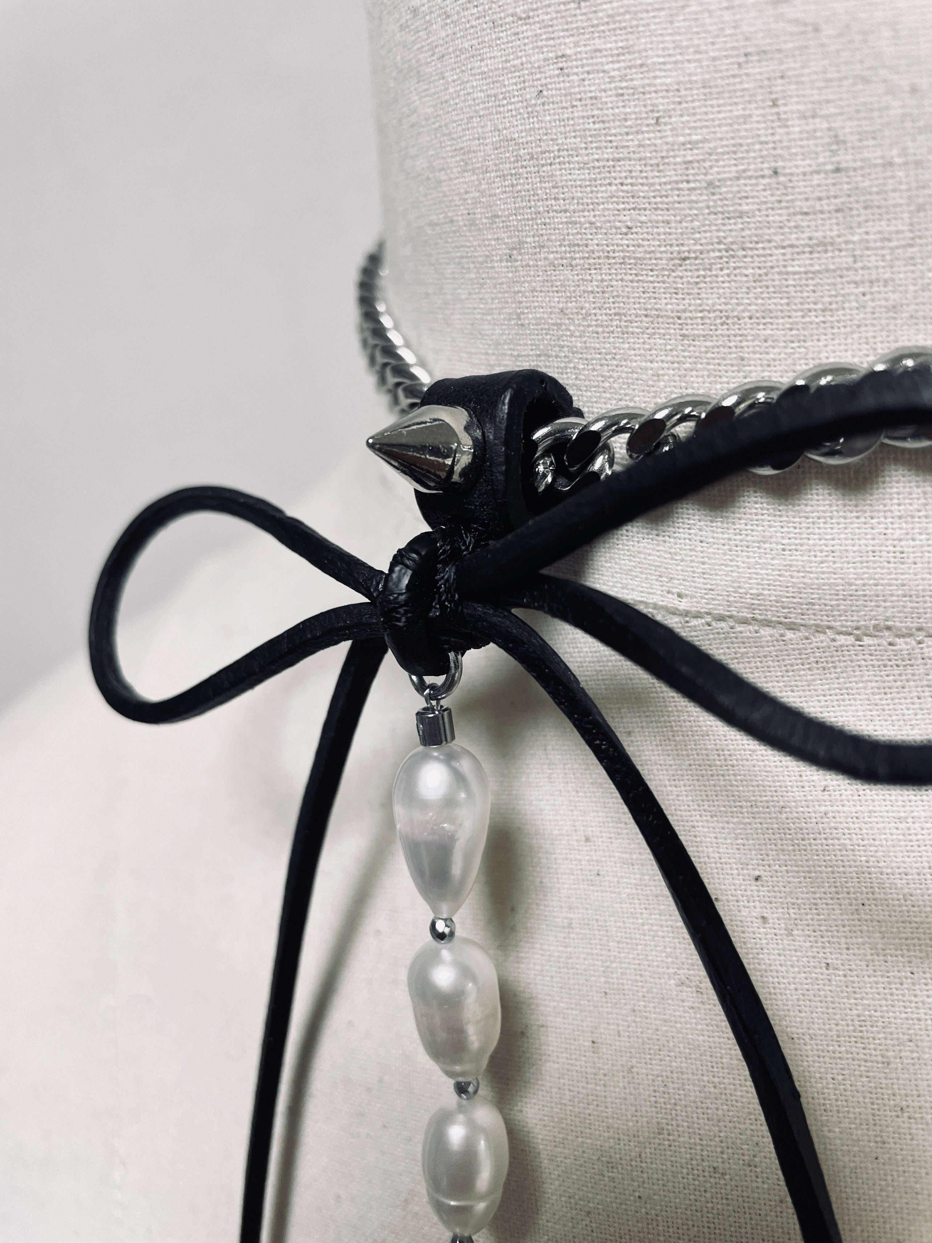 NR1 Leather Ribbon Choker Pearl Spike Limited Edition