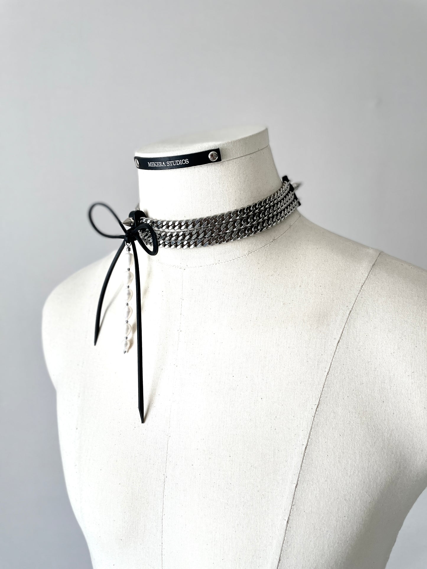 NR2 Leather Ribbon Choker Pearl Spike Limited Edition Handcrafted Necklace For women For men-MEKERA STUDIOS