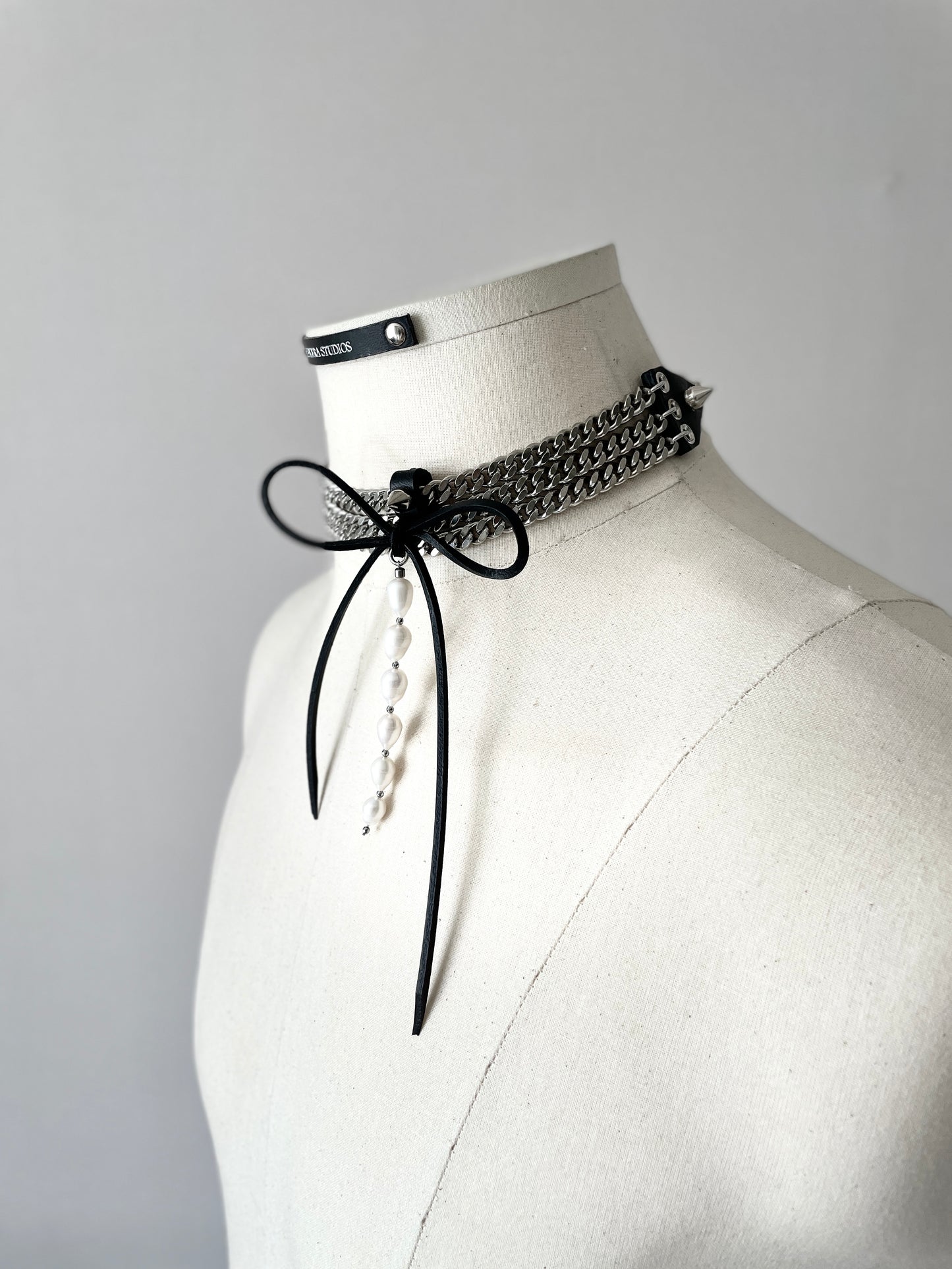 NR2 Leather Ribbon Choker Pearl Spike Limited Edition Handcrafted Necklace For women For men-MEKERA STUDIOS