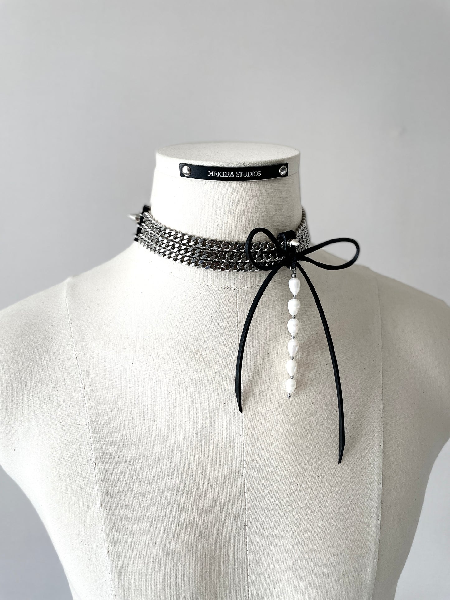 NR2 Leather Ribbon Choker Pearl Spike Limited Edition Handcrafted Necklace For women For men-MEKERA STUDIOS