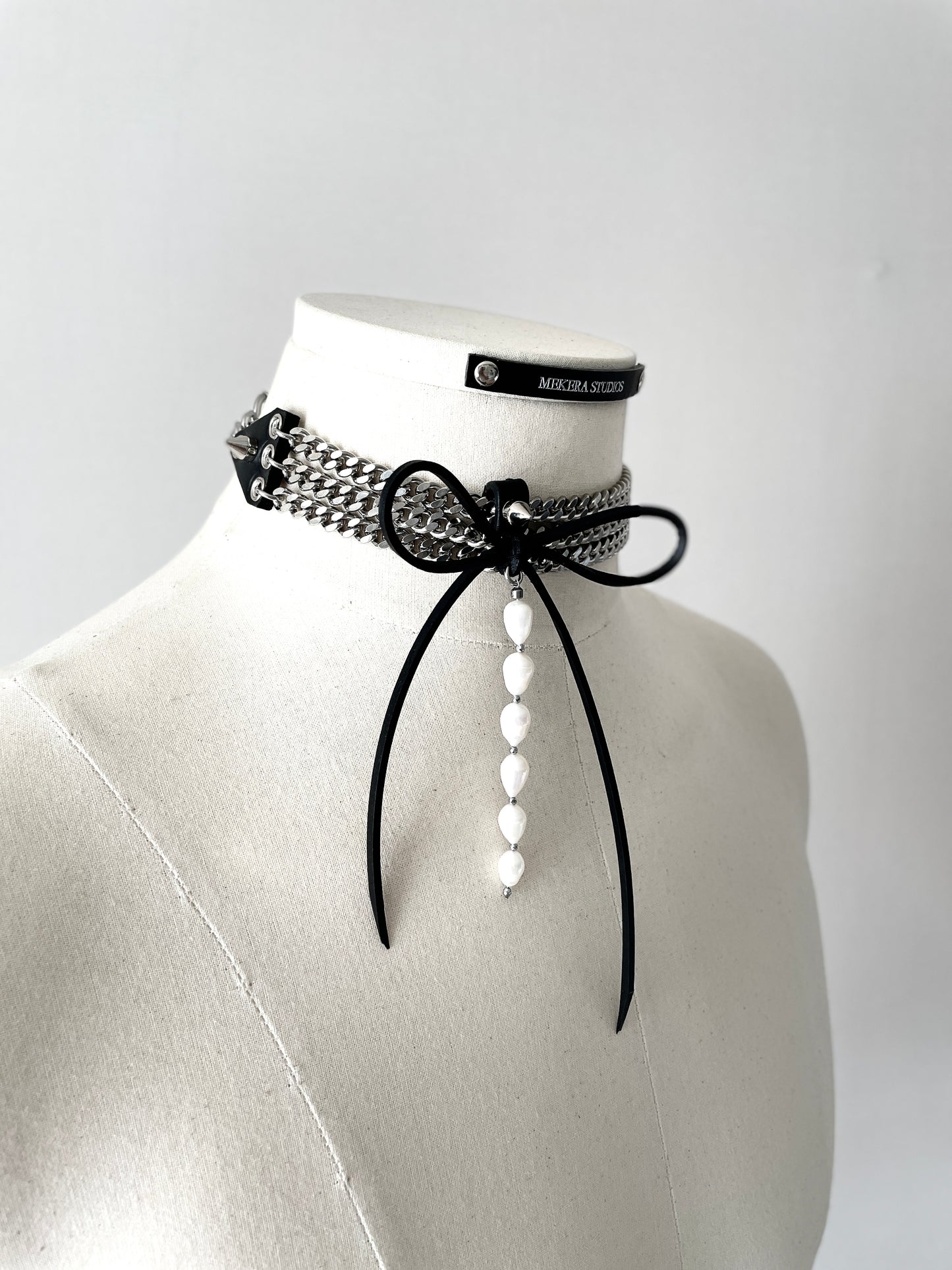 NR2 Leather Ribbon Choker Pearl Spike Limited Edition Handcrafted Necklace For women For men-MEKERA STUDIOS